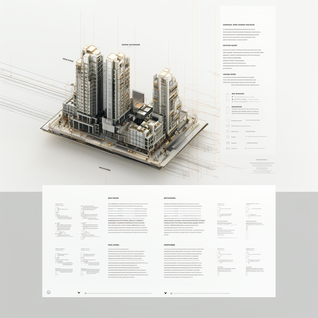 Minimalistic portfolio layout showcasing technical drawings of high-rise building.