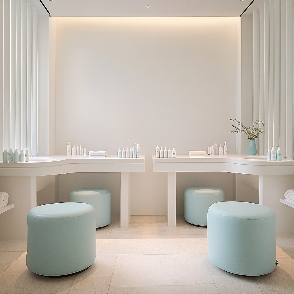 Minimalistic spa room with white nail vanity tables.