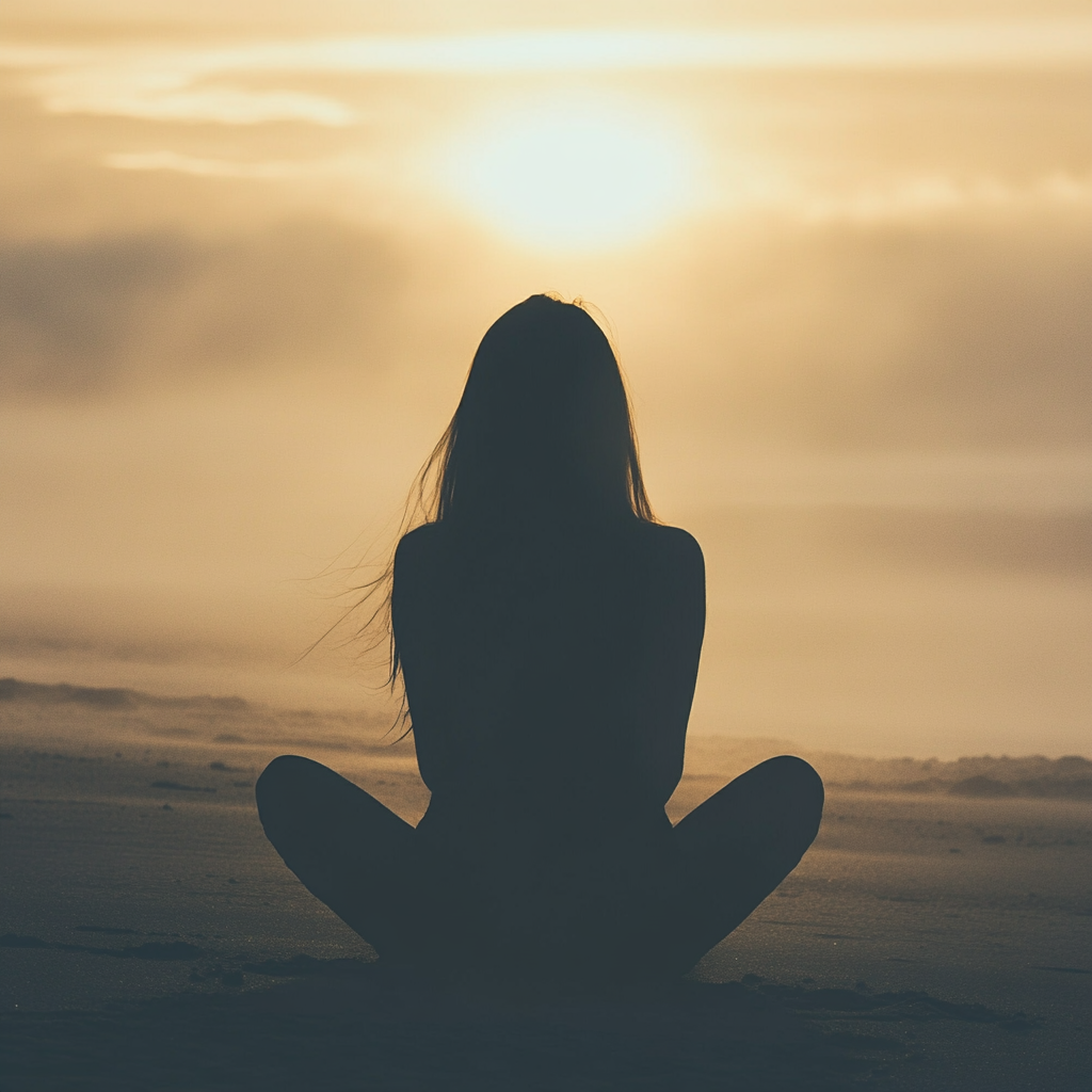 Minimalistic sunset silhouette: woman sitting on beach in fog