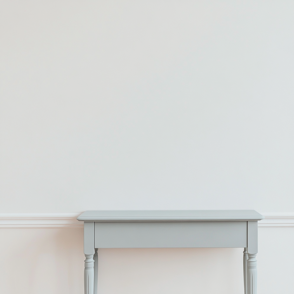 Minimize hall scene: white wall, soft light, vintage table.