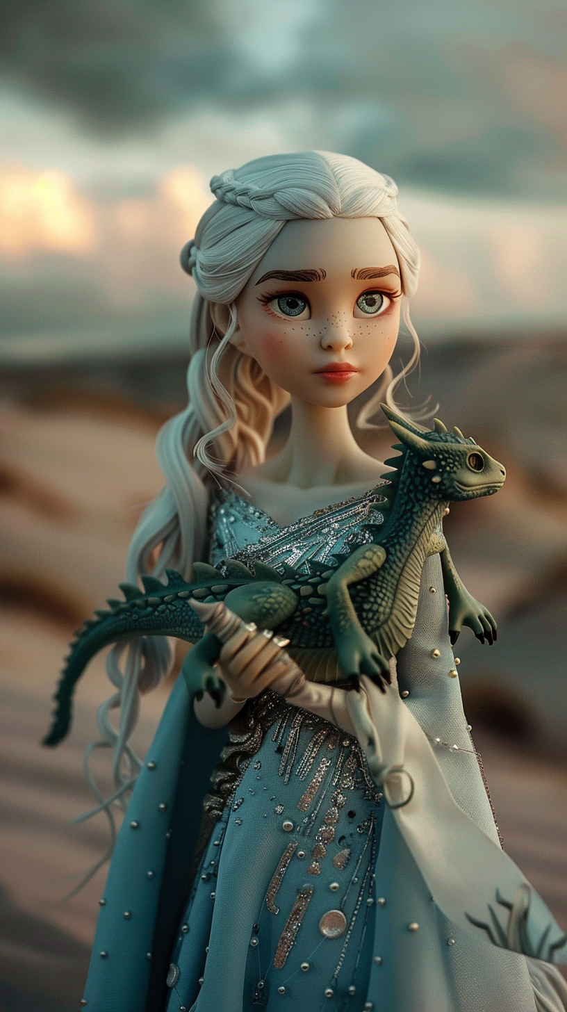 Minion Daenerys in Blue Dress Holding Dragon