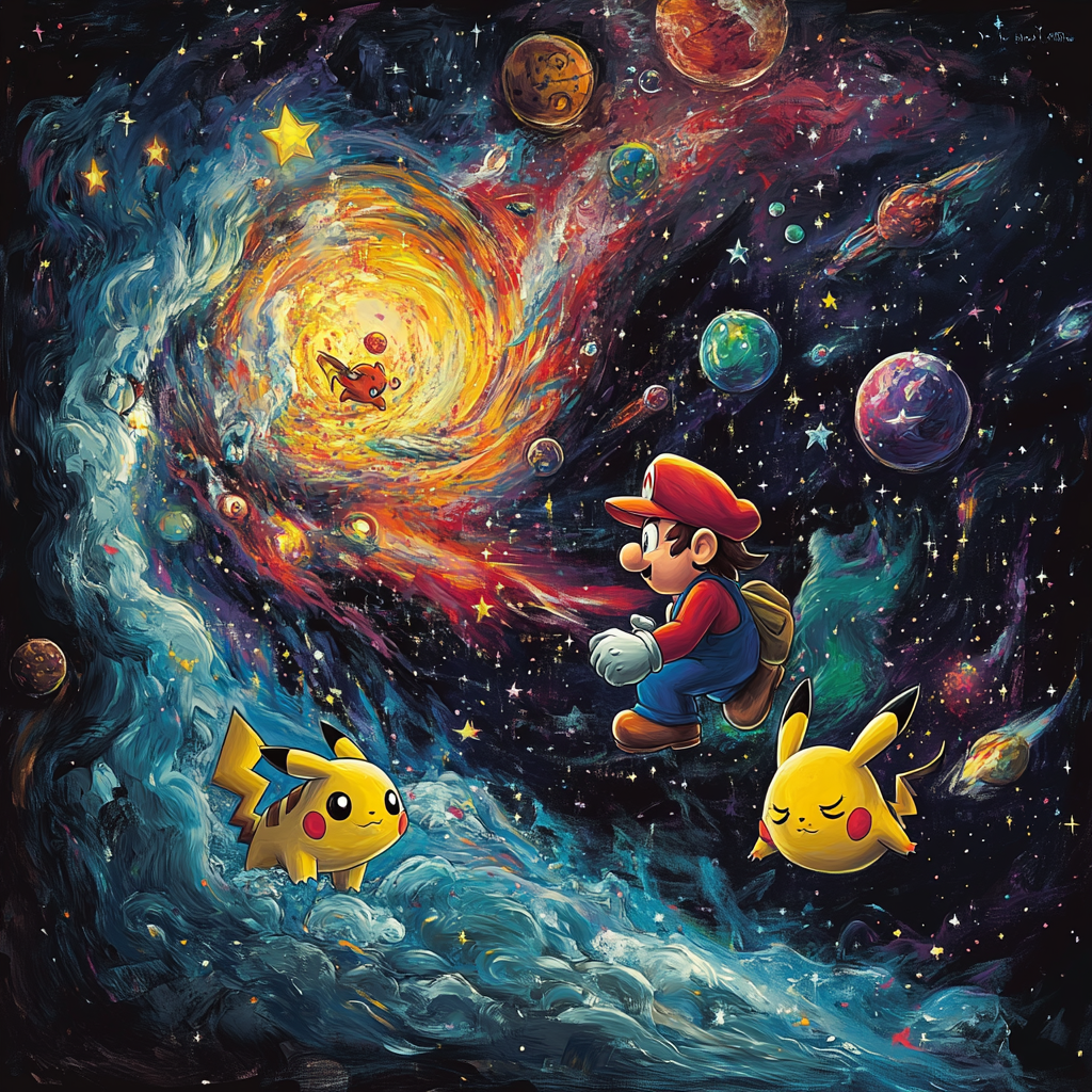 Minions, Pokémon, Mario in space with planets, galaxy, stars.