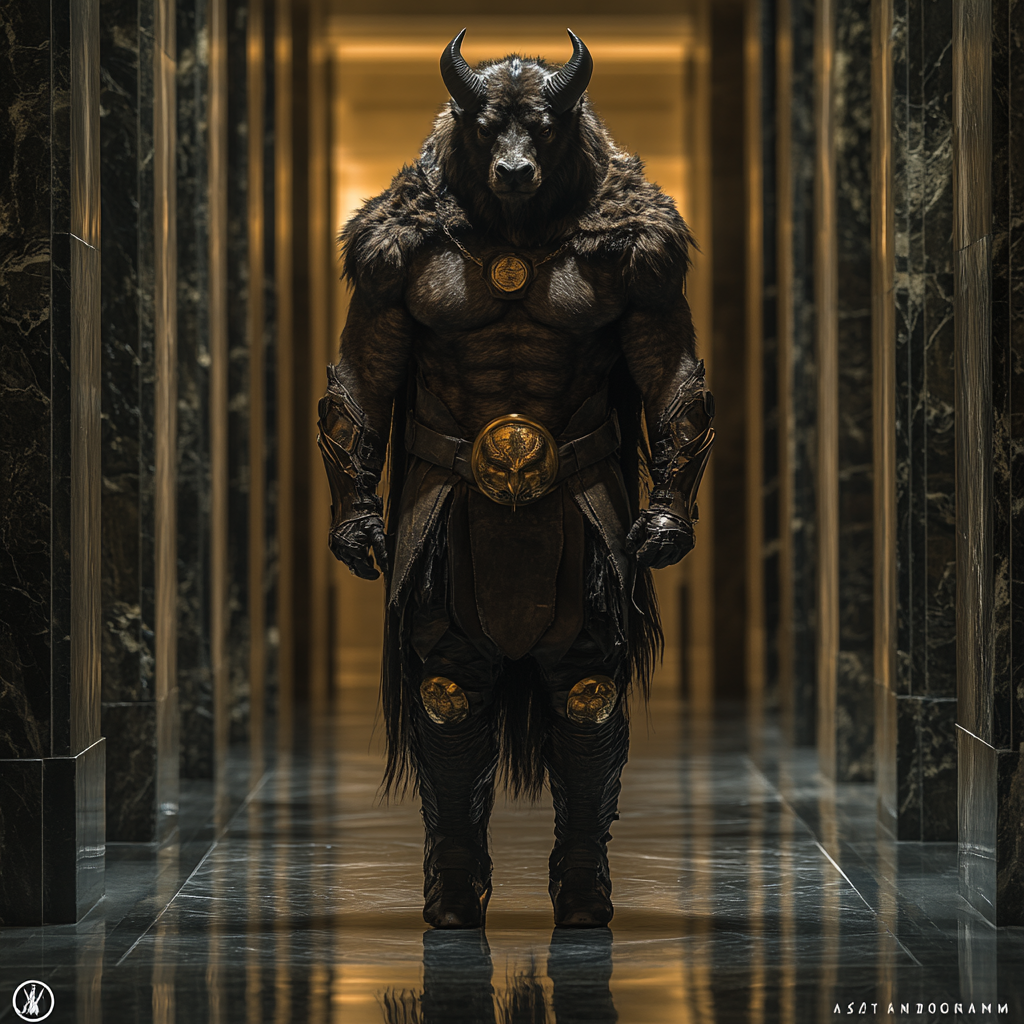 Minotaur standing tall in mirrorlike granite hallway.