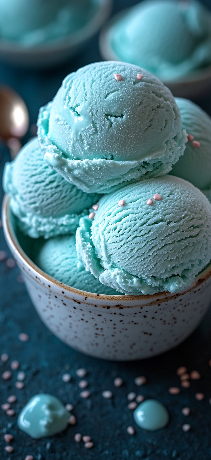 Mint blue ice cream scoops, delicate, refreshing Canon photo.