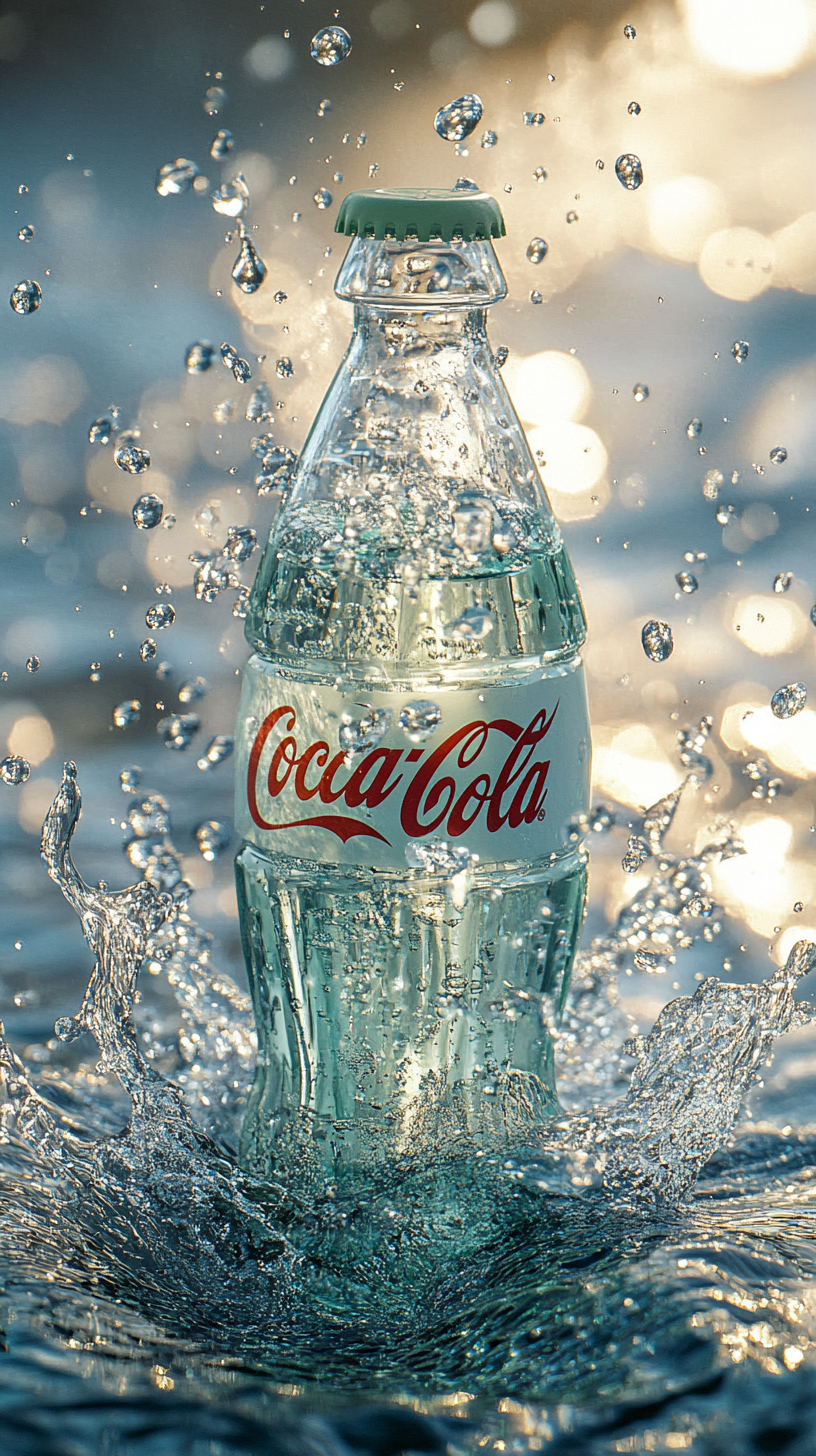 Mint green Coca-Cola bottle on sparkling water droplets.