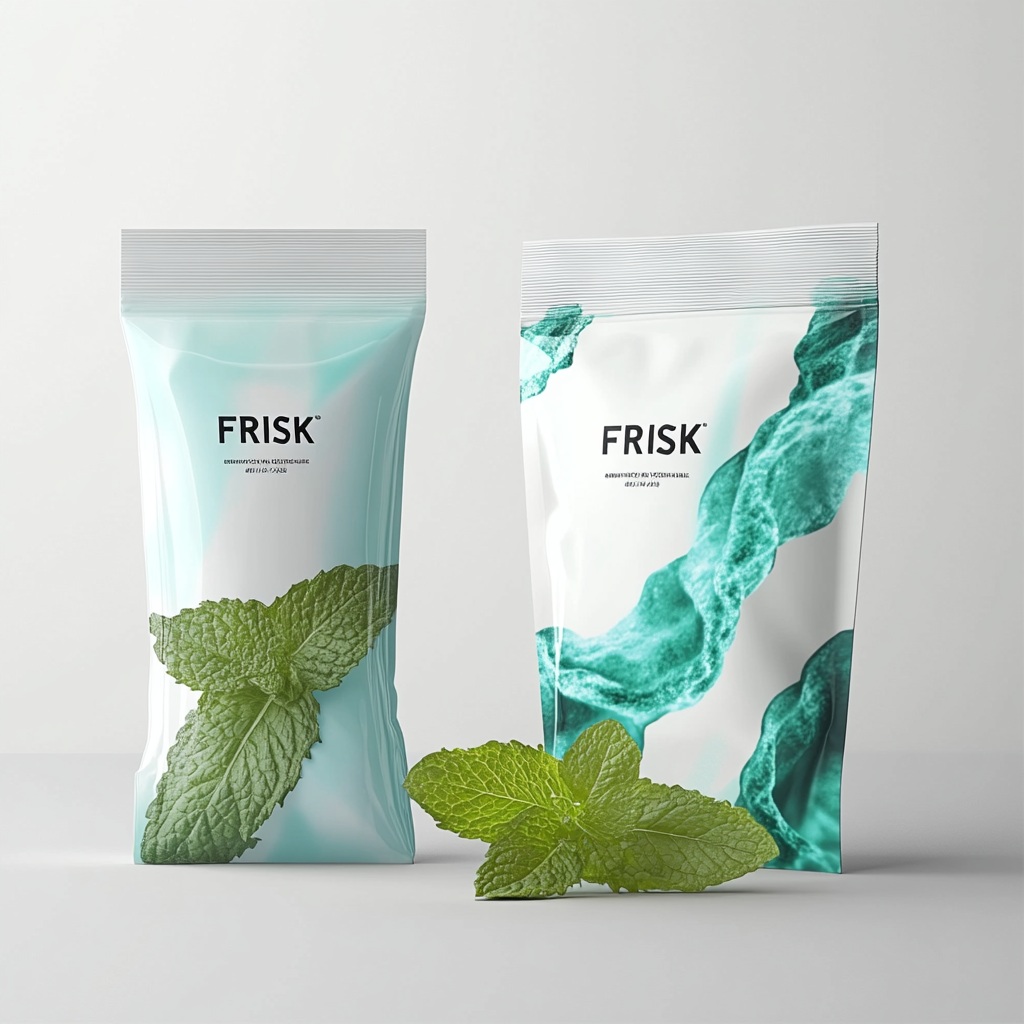 Mint snacks with FRISK brand design in white & blue.