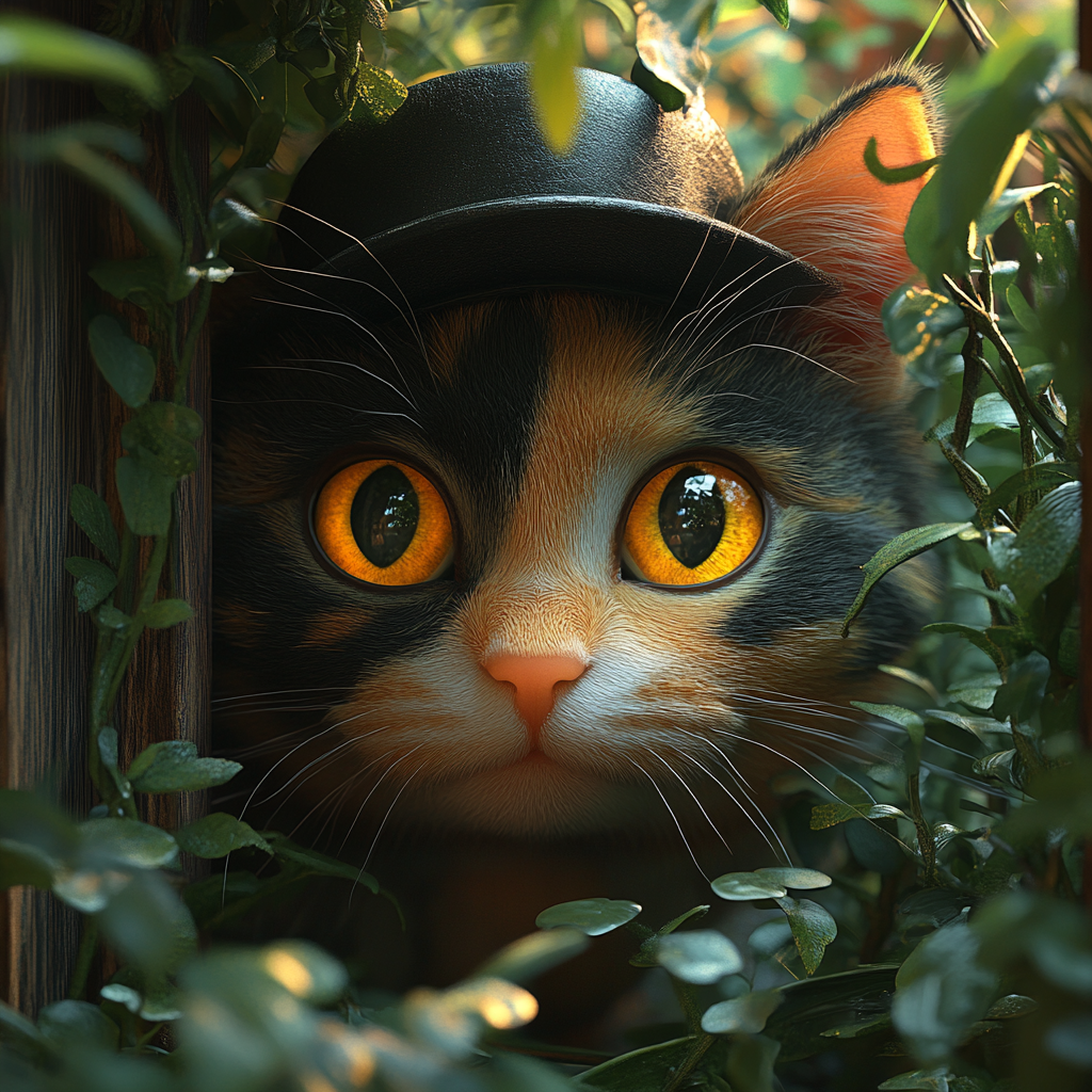 Mischievous calico cat detective investigates garden passage, 3D cartoon.