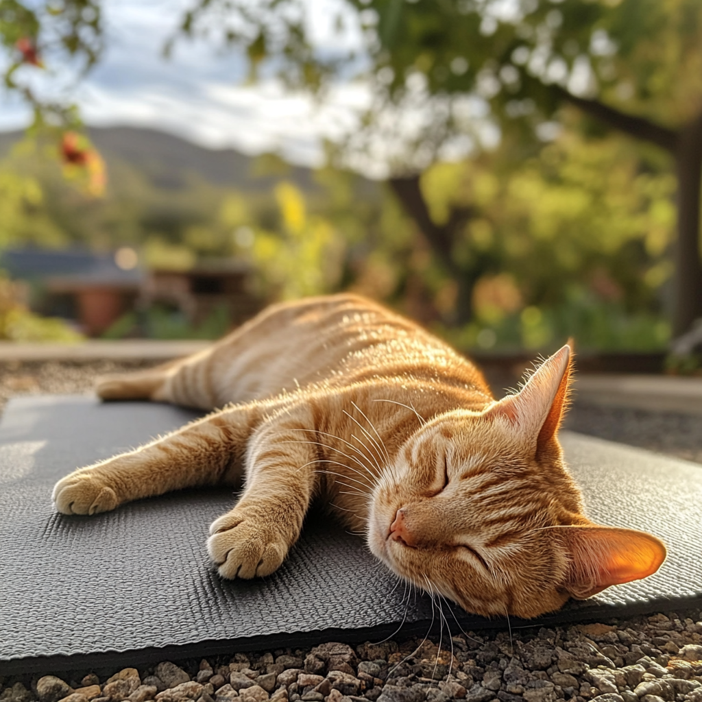 Mischievous cat practicing yoga on stylish outdoor mat.