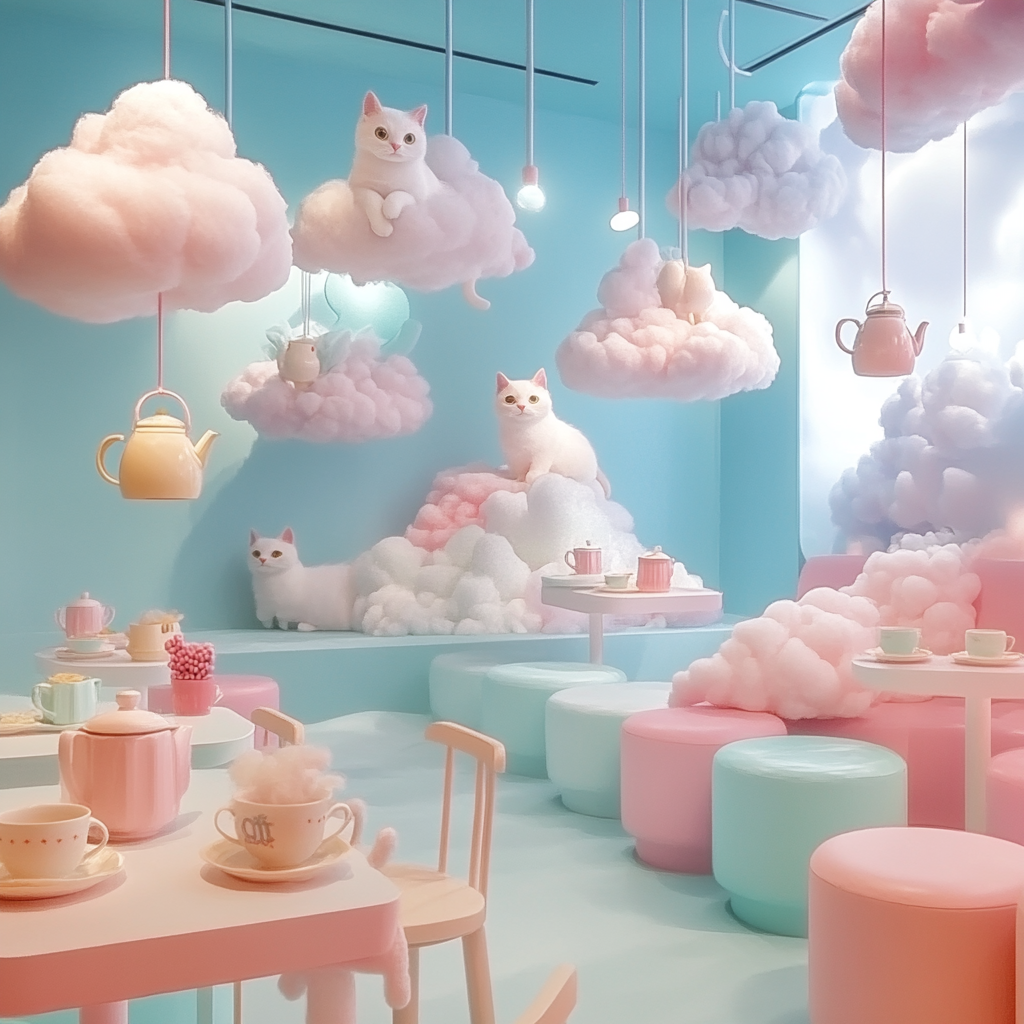 Mischievous cats in pastel café with eccentric décor.