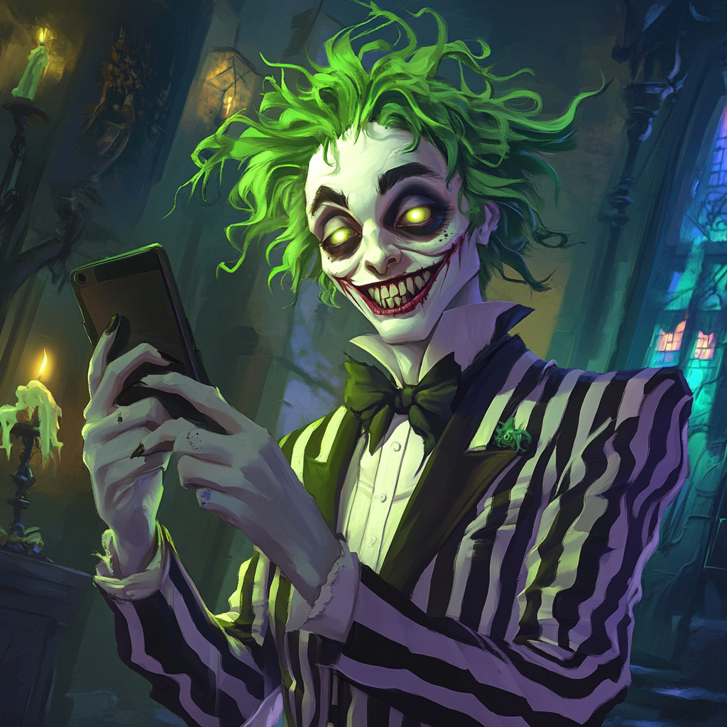 Mischievous man with green hair in striped suit on phone.