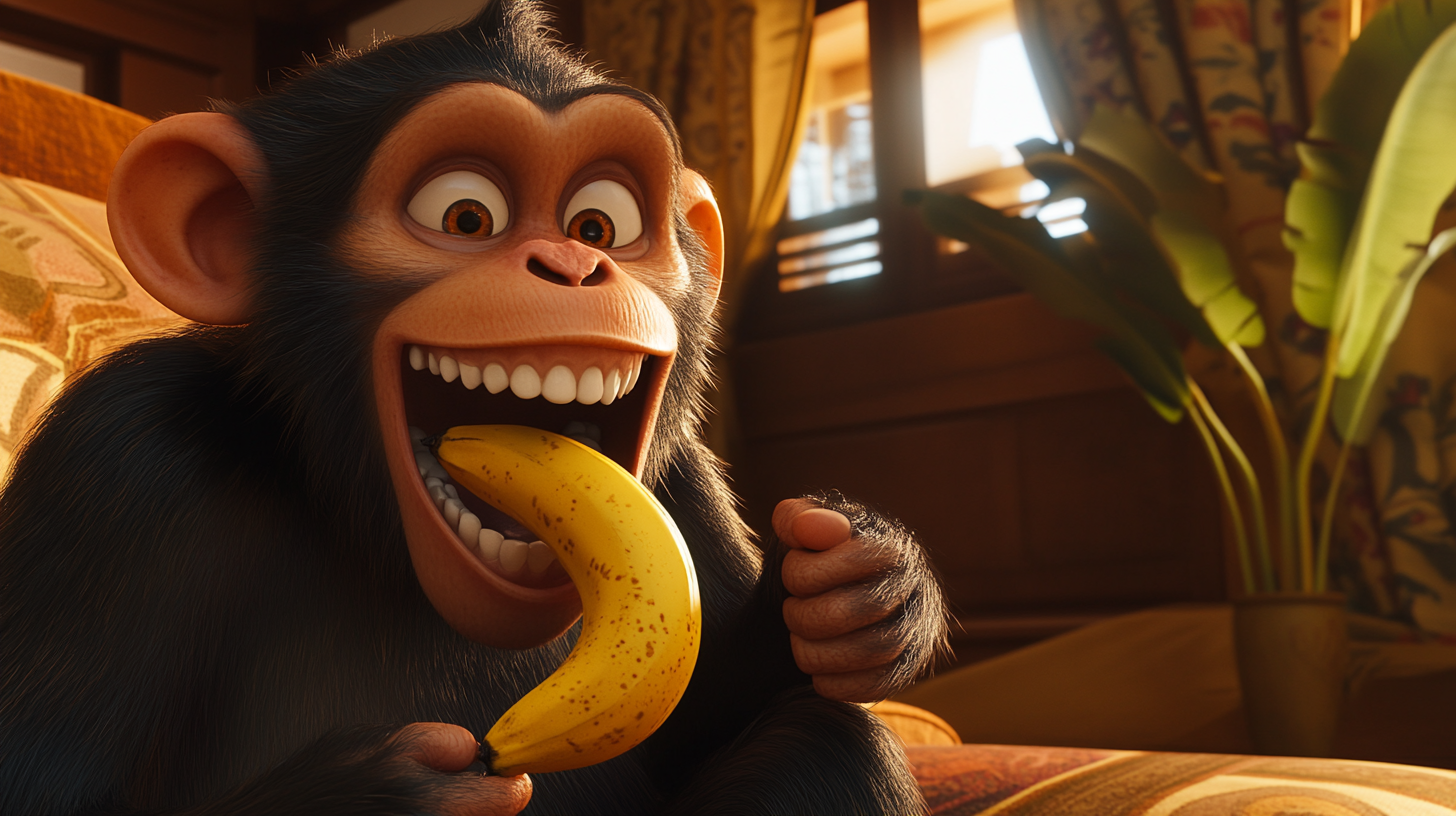 Mischievous monkey with banana behaves in realistic animated living room.