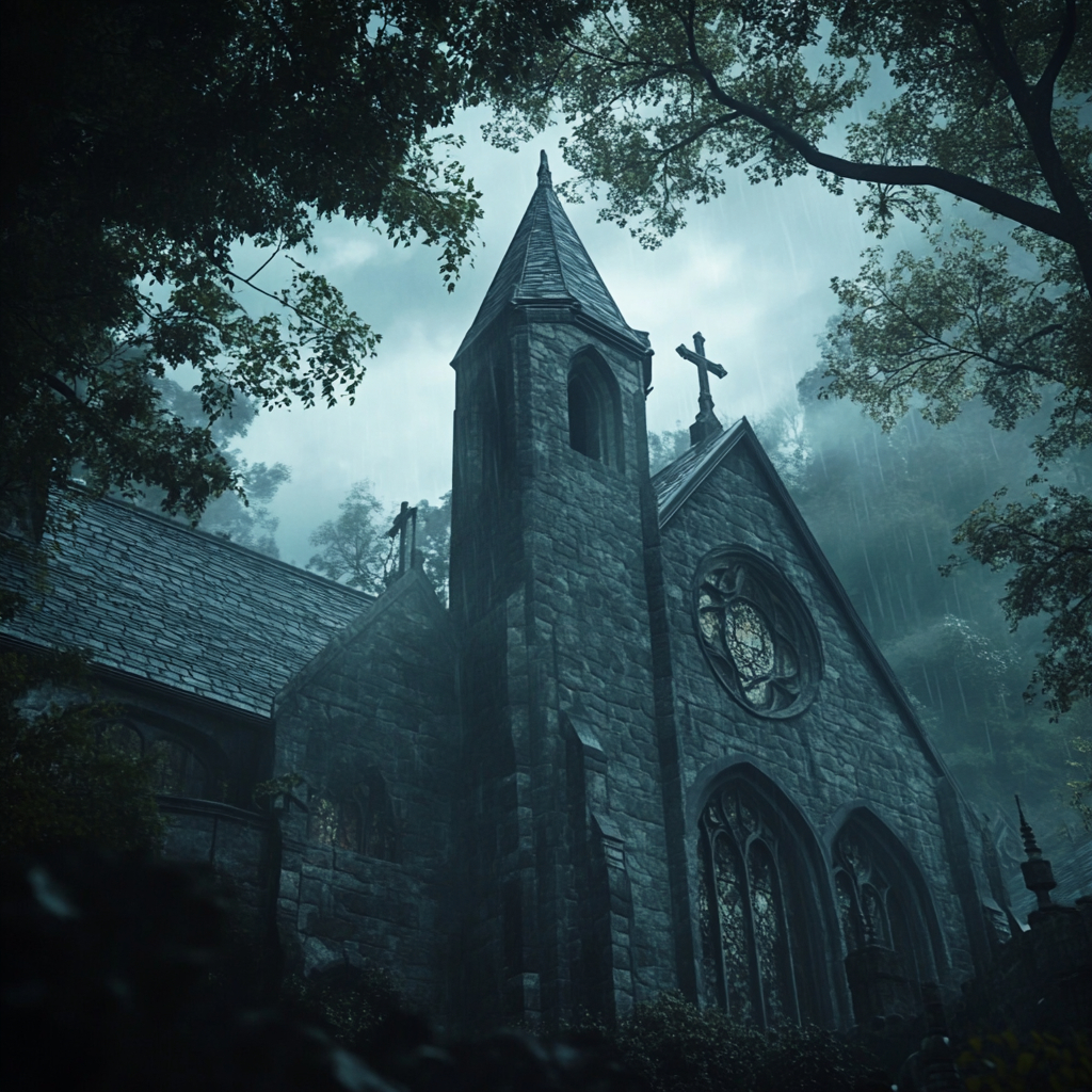 Misty Medieval Abbey in Nordic Forest