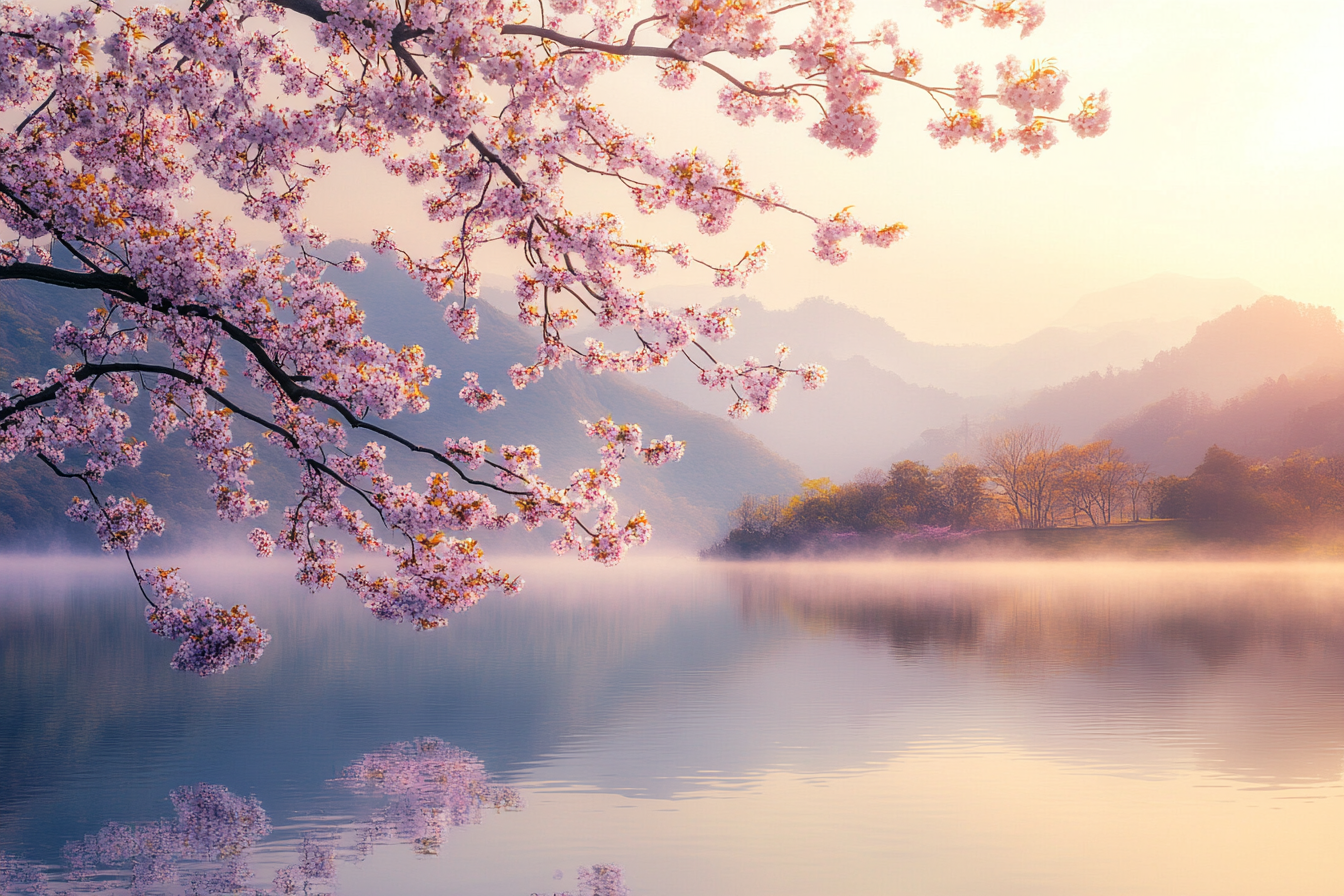 Misty hills over calm lake with cherry blossom branch.