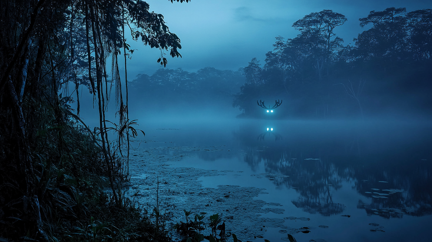 Misty jungle lake at night with glowing eyes.