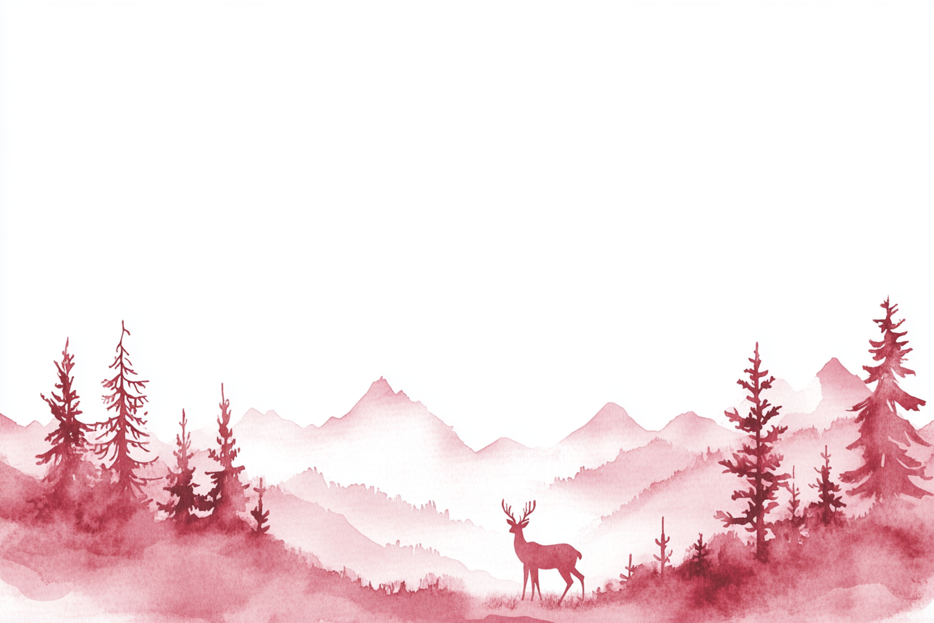 Misty mountains, trees, deer illustration on blank page.