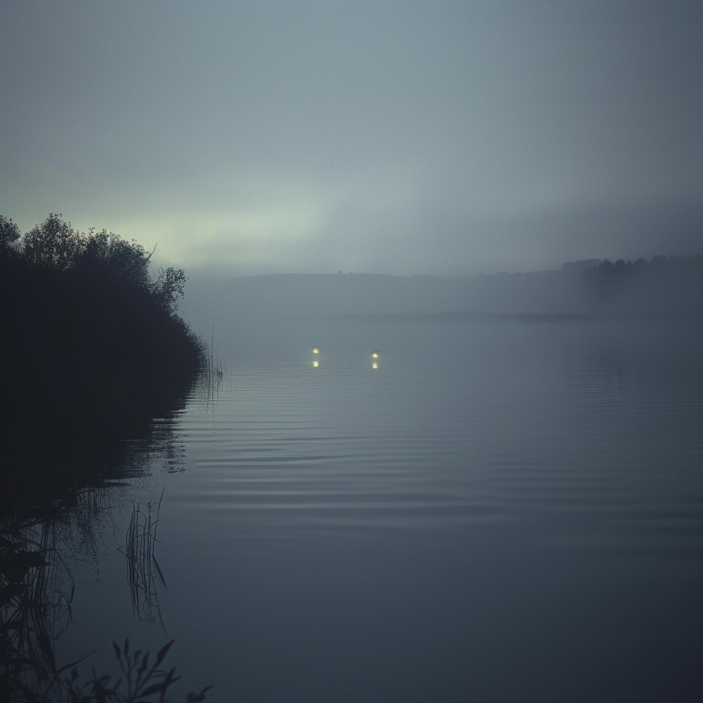 Misty river at dawn with unsettling glowing eyes.