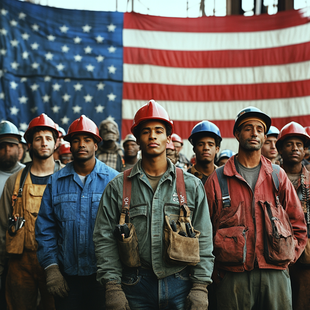 Mixed Races Workers in Hyperealistic Group Manifestation Painting