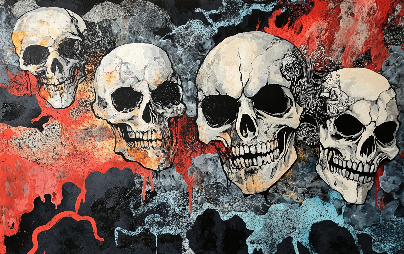 Mixed media artwork with skull motifs in intense colors.