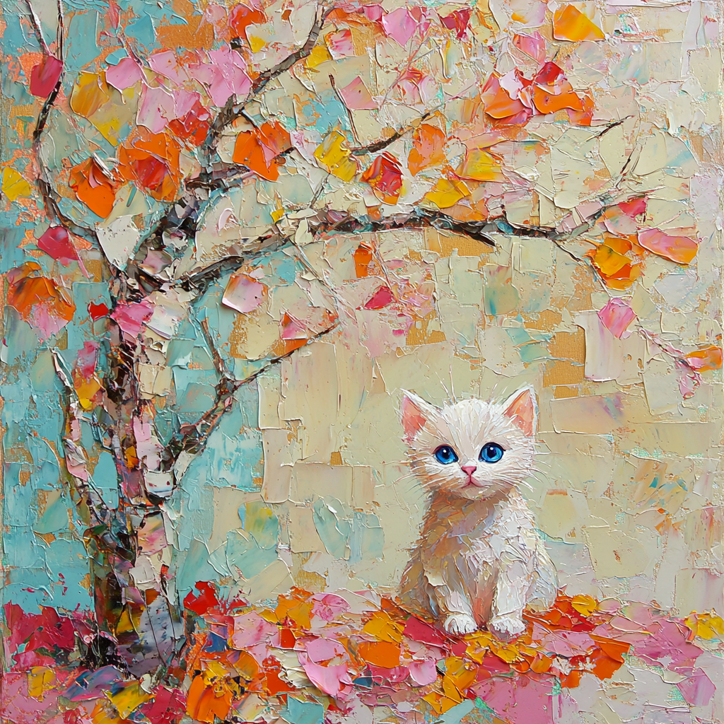 Mixed media painting with blue-eyed kitten in fall leaves.