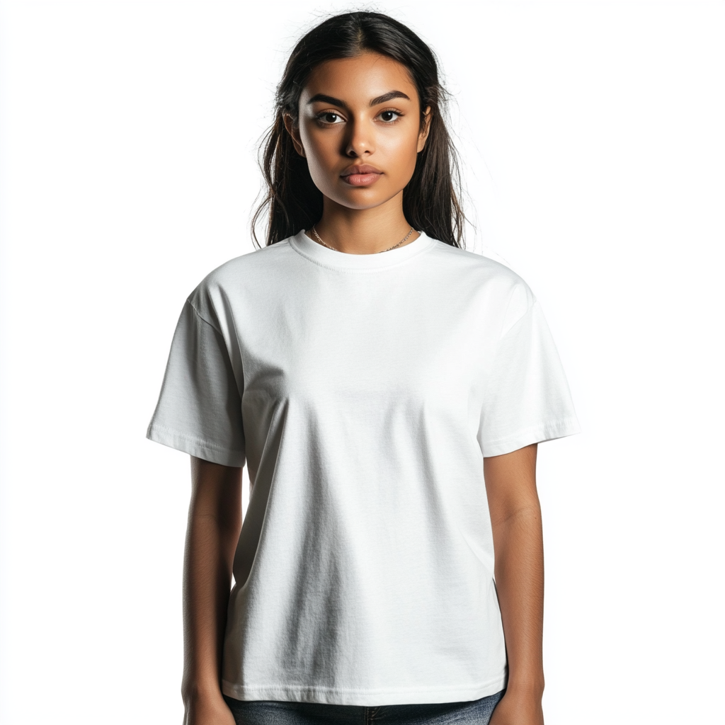 Mixed woman in white t-shirt, no creases, necklace.