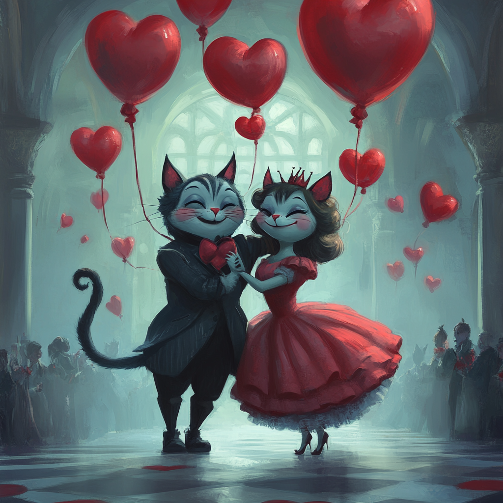 Miyazaki style Cheshire Cat queen, king dance, red balloons.