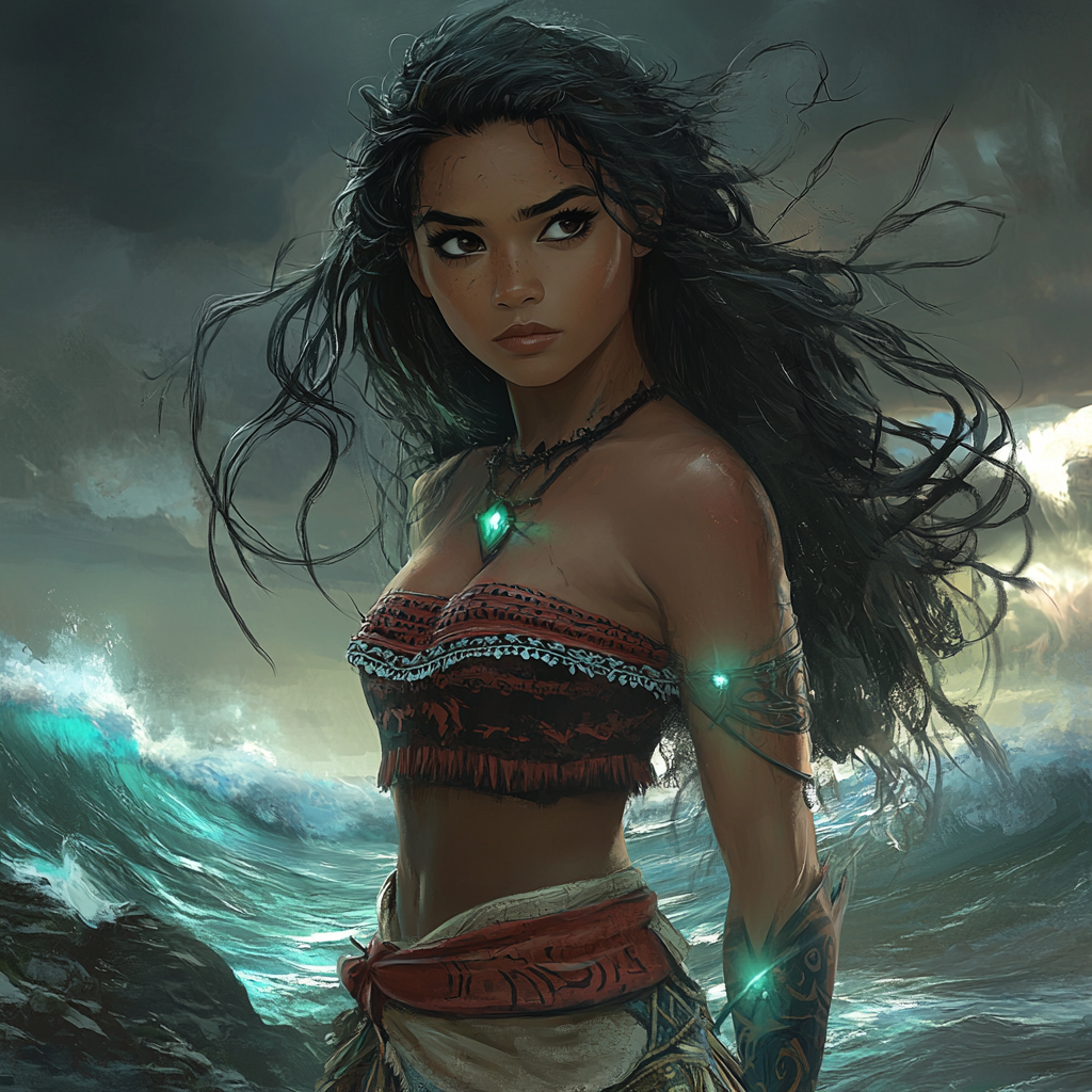 Moana in dark fantasy style with fierce expression.