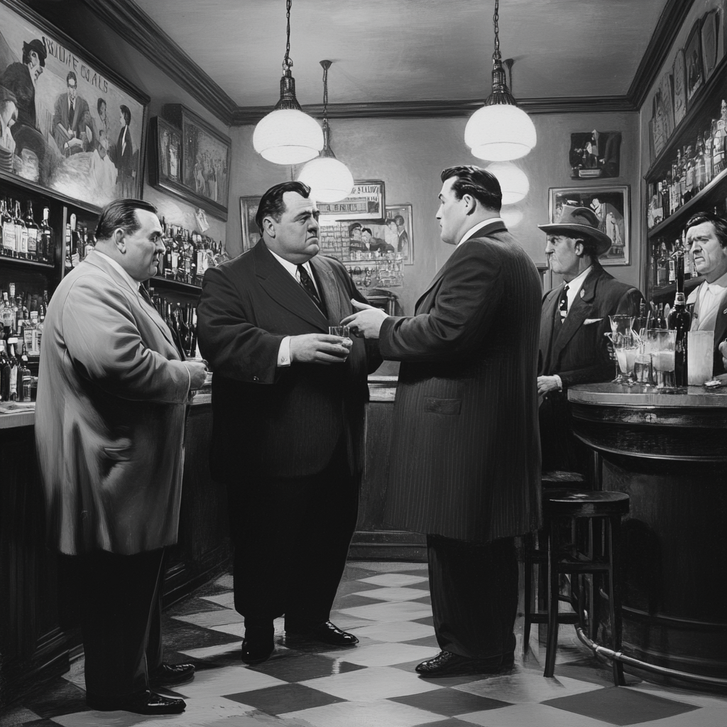 Mob men in Italian eatery patting down thin guy.