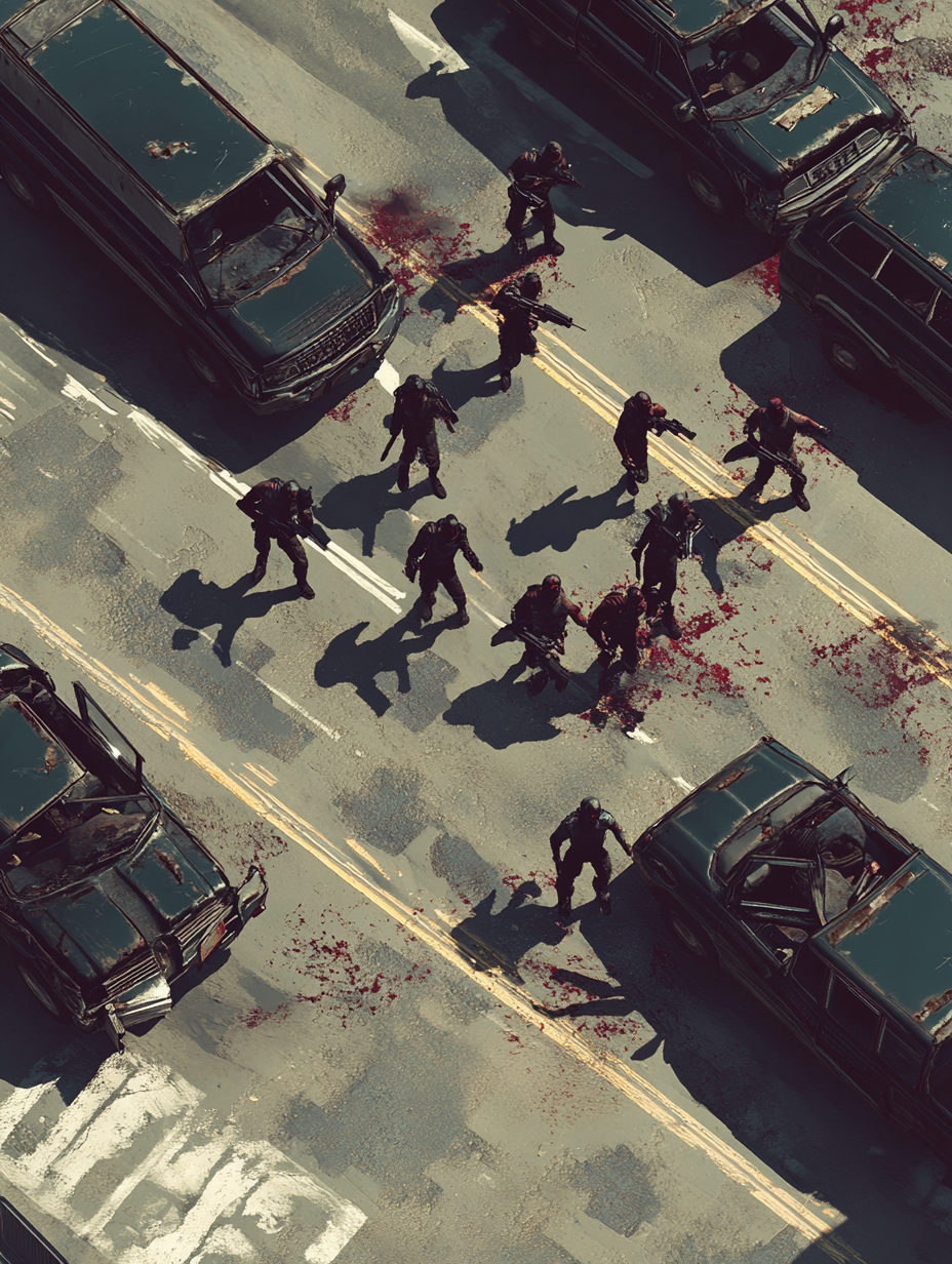 Mobile game set in post-apocalyptic future with zombies. 4-man SWAT team in 3D low poly.