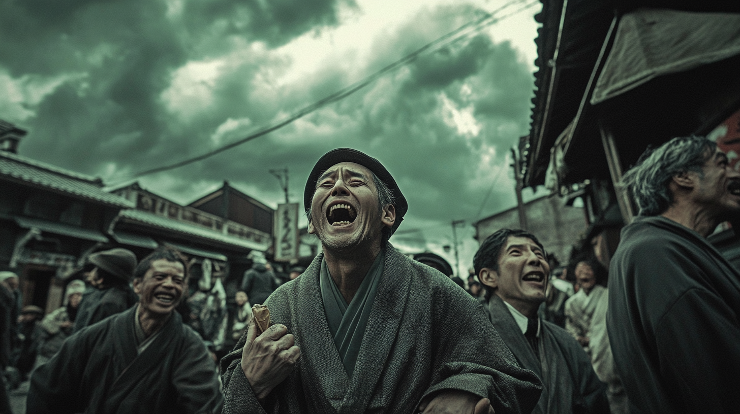 Mocked in Japanese market street, 19th century, Henri Cartier-Bresson style