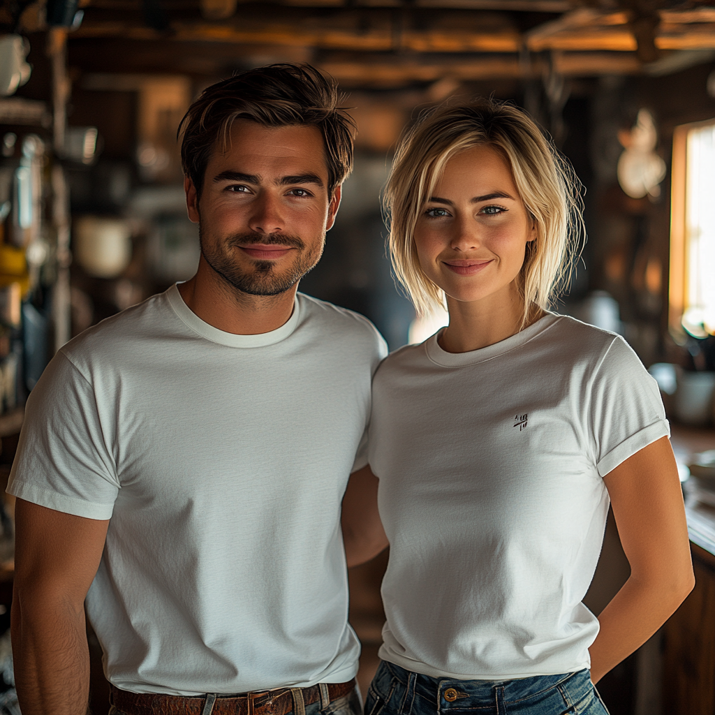 Mockup of couple in modern kitchen for photo shoot.