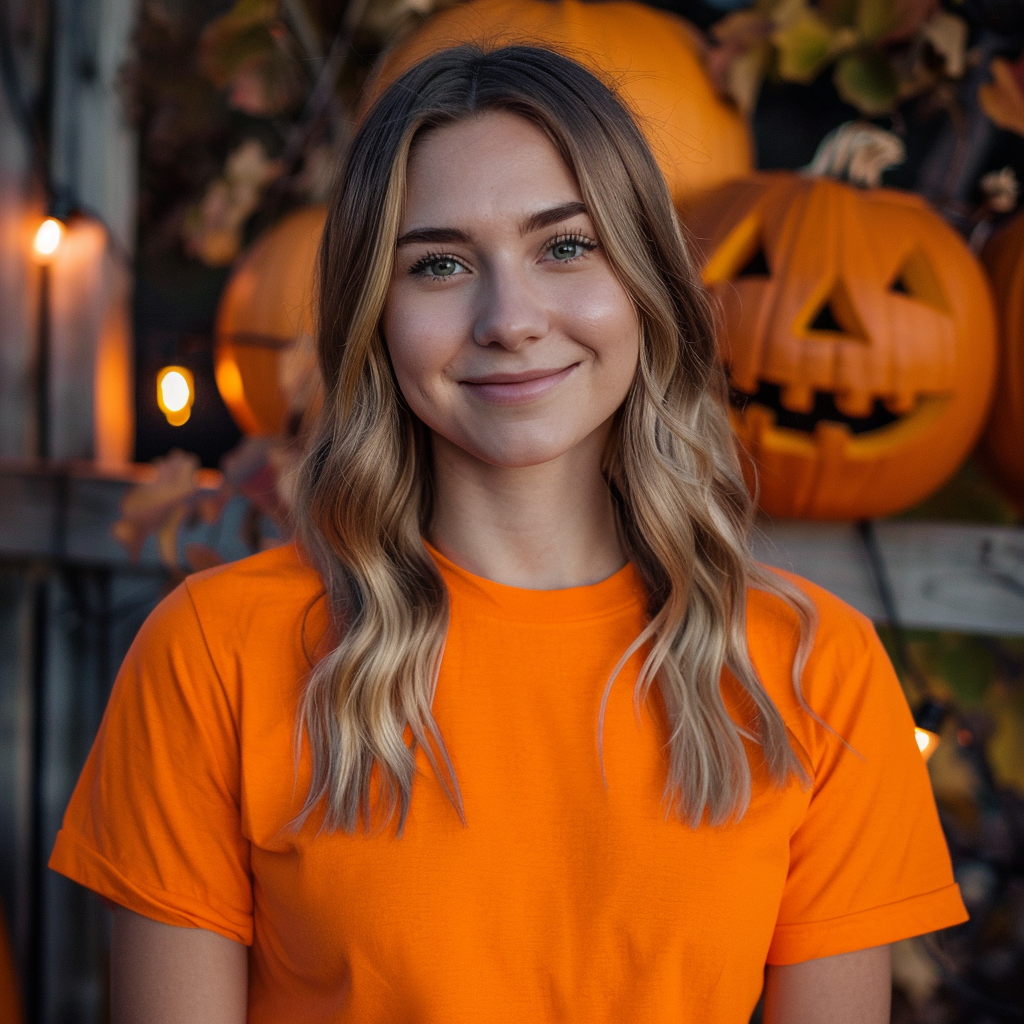 Mockup photo shoot: Smiling 25-year-old white female in orange Gildan 5000 t-shirt, Halloween background.