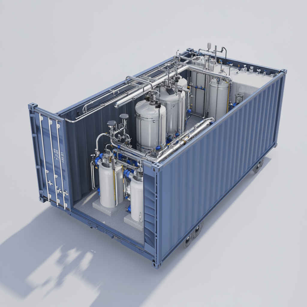 Model 20-foot container with vertical sand filter tanks.