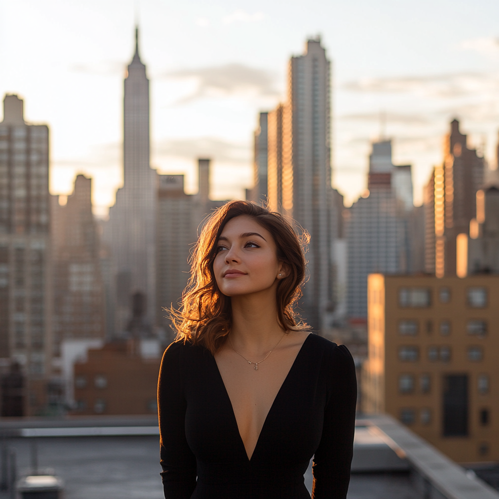 Model in chic city setting during sunset