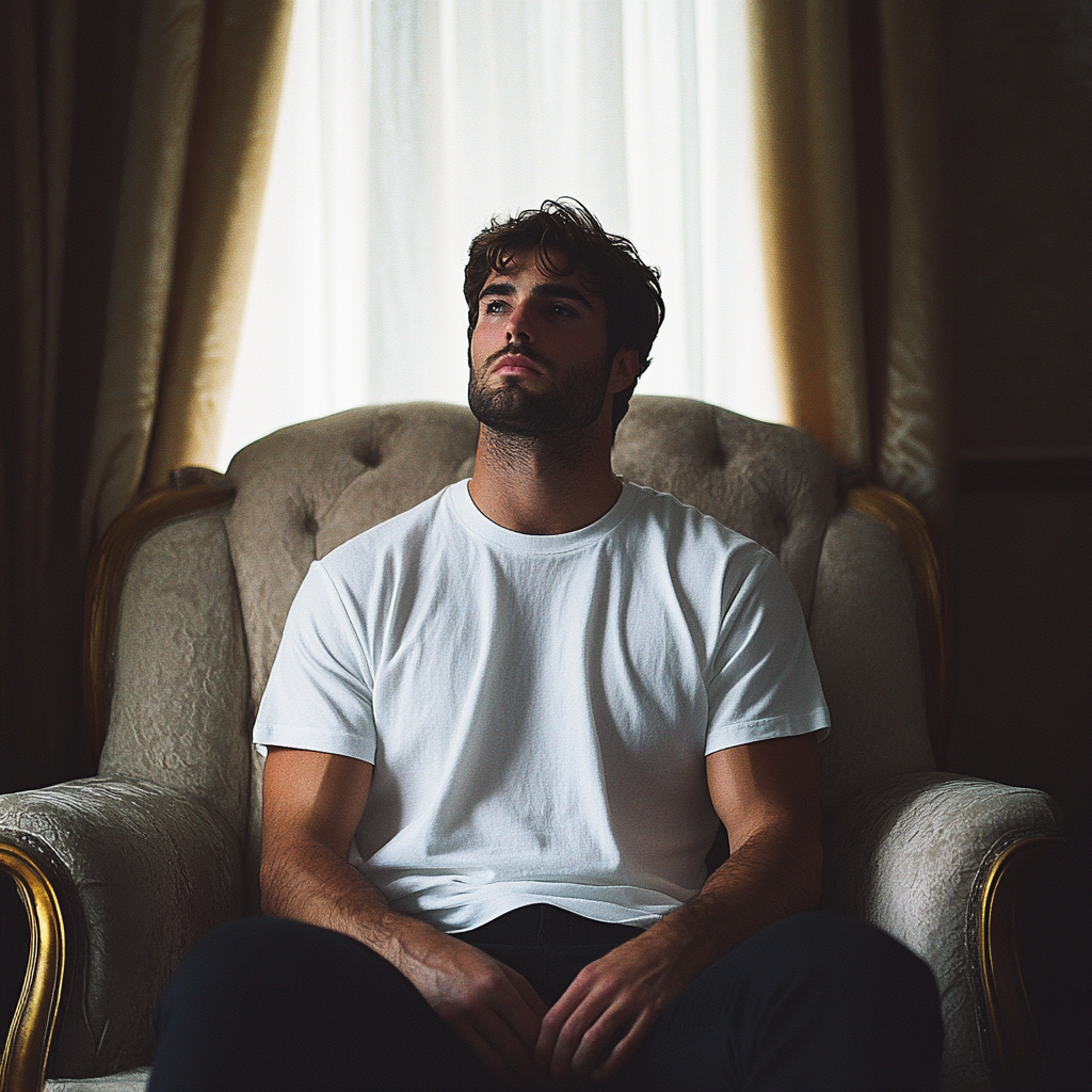 Model man in white tshirt, studio photoshoot, kodak film.