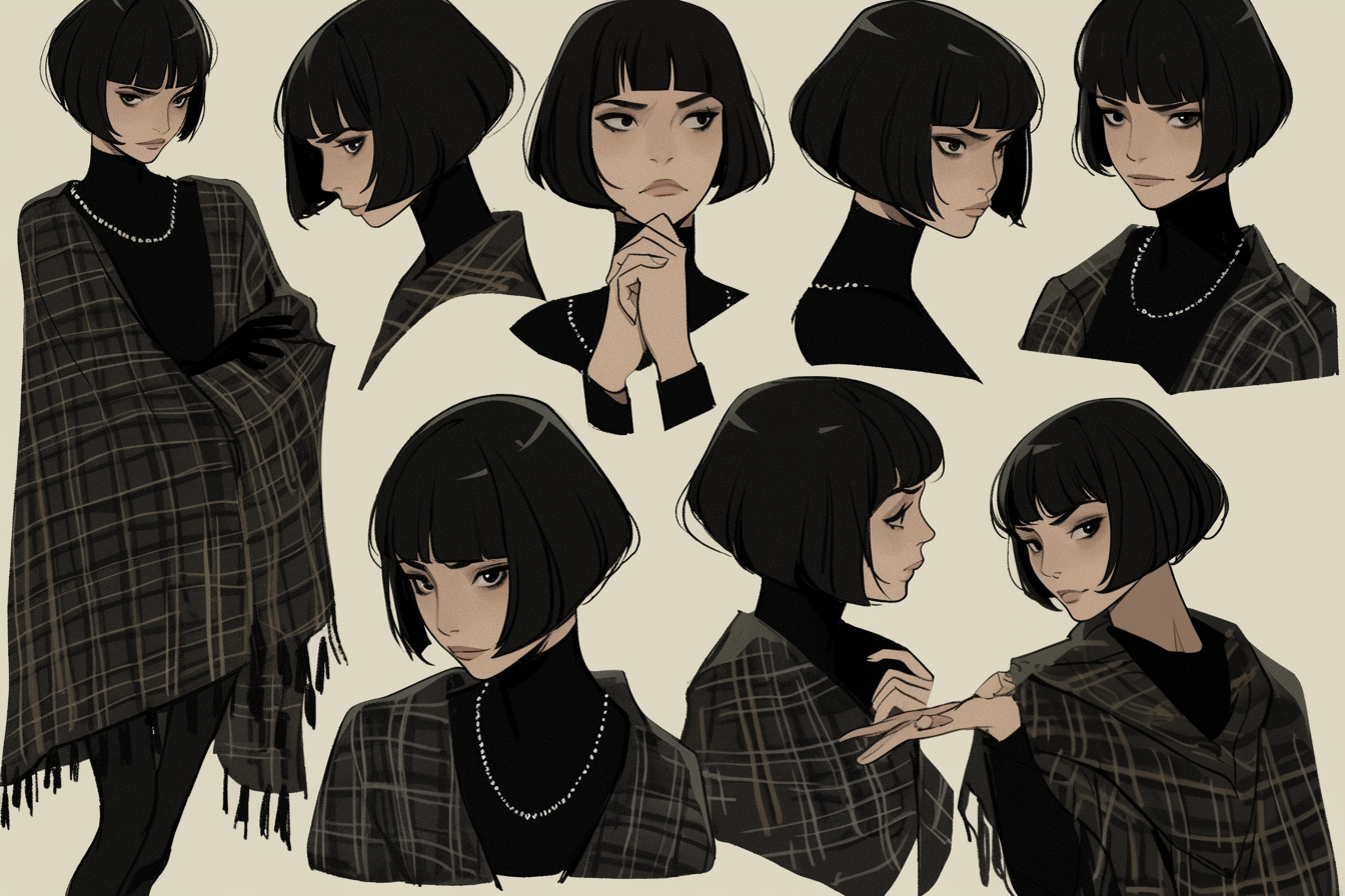 Model sheet woman with Louise Brooks look, bob haircut, poncho, varied emotions, angles, webtoon, comic book style.