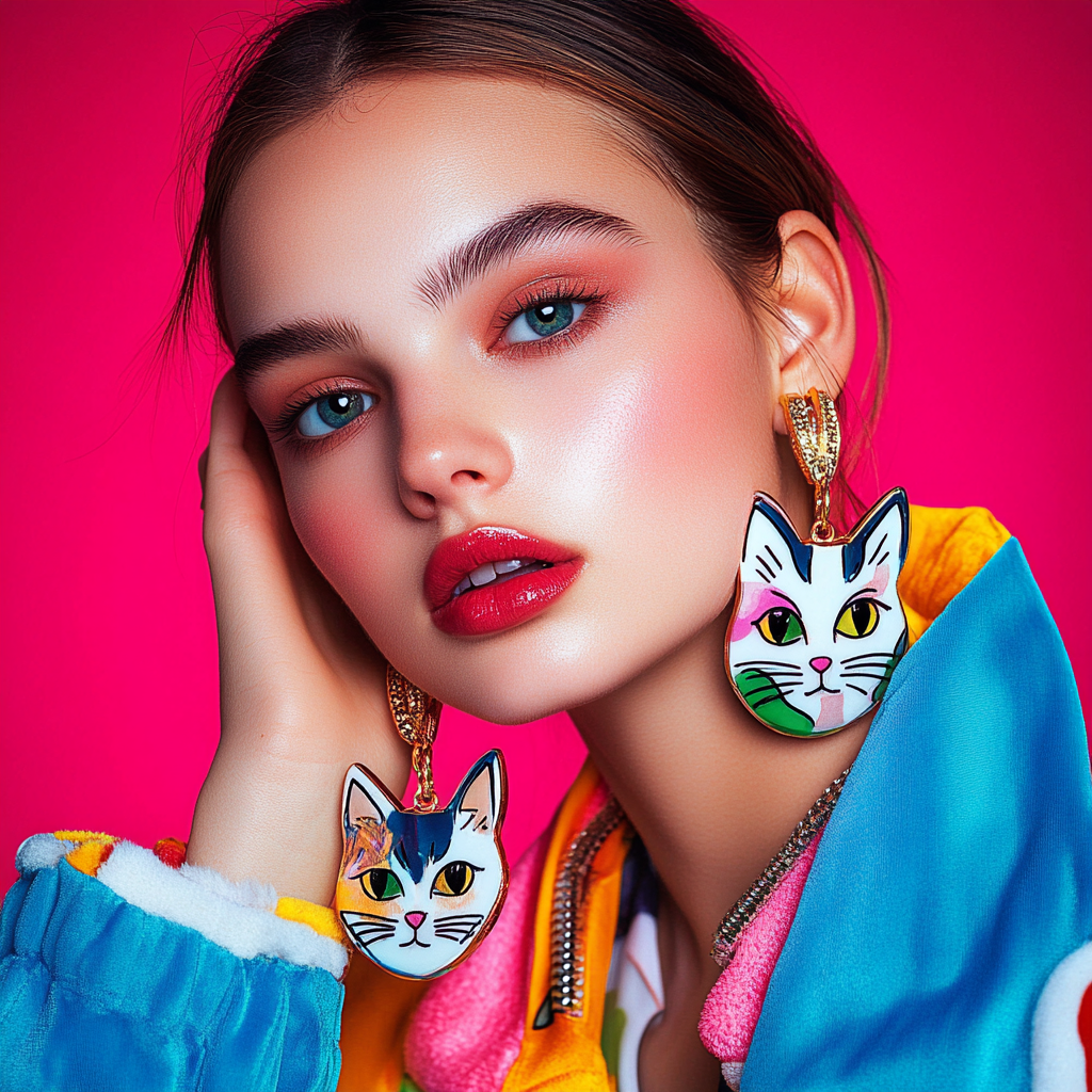 Model wearing cat-shaped earrings in vibrant colors.