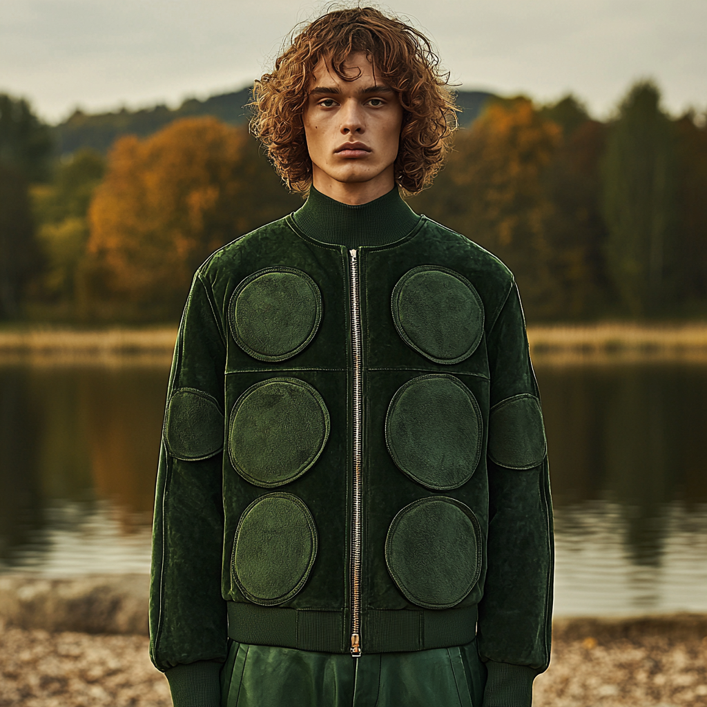 Model wearing green jacket with sphere patches