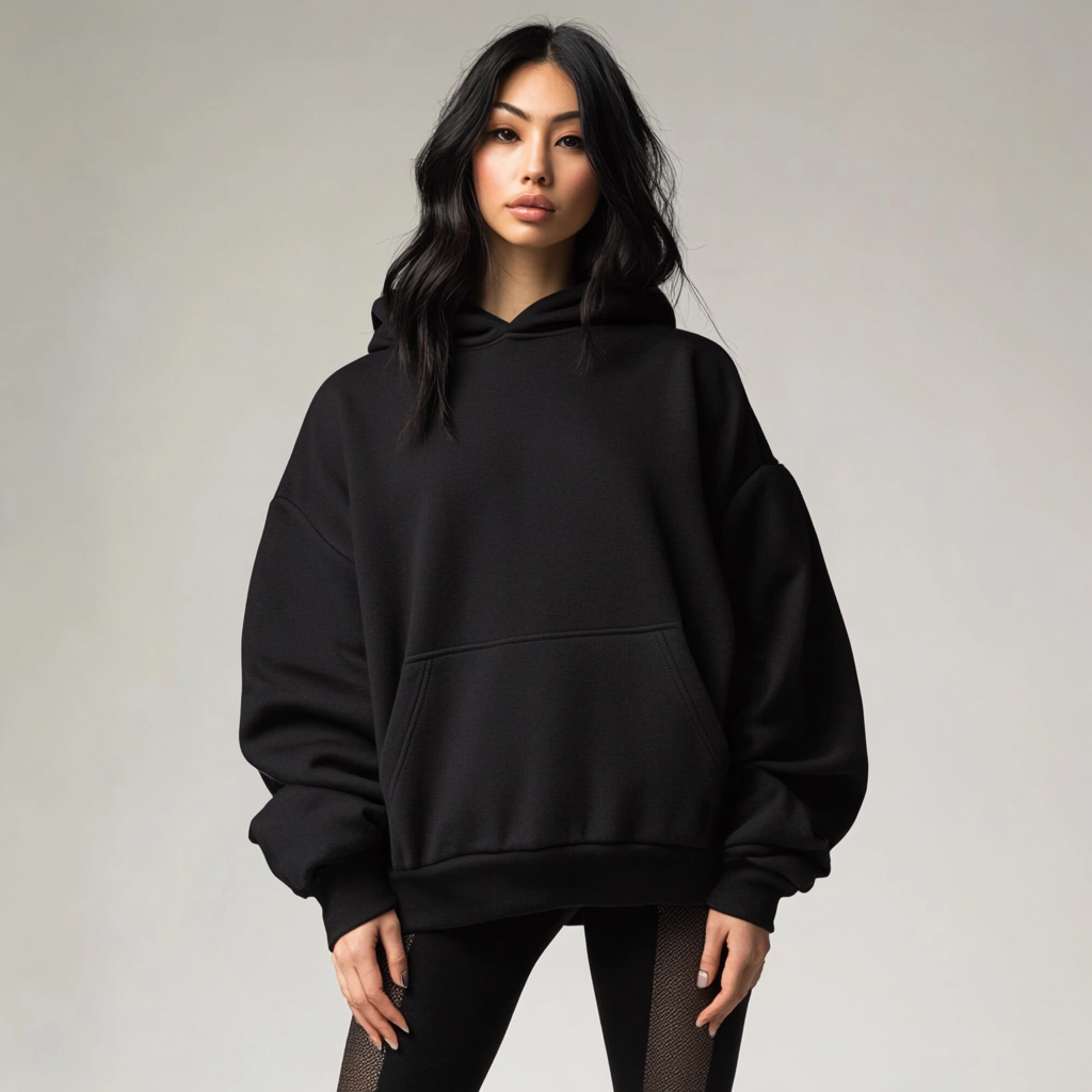 Model wears oversized black hoodie with unique features.