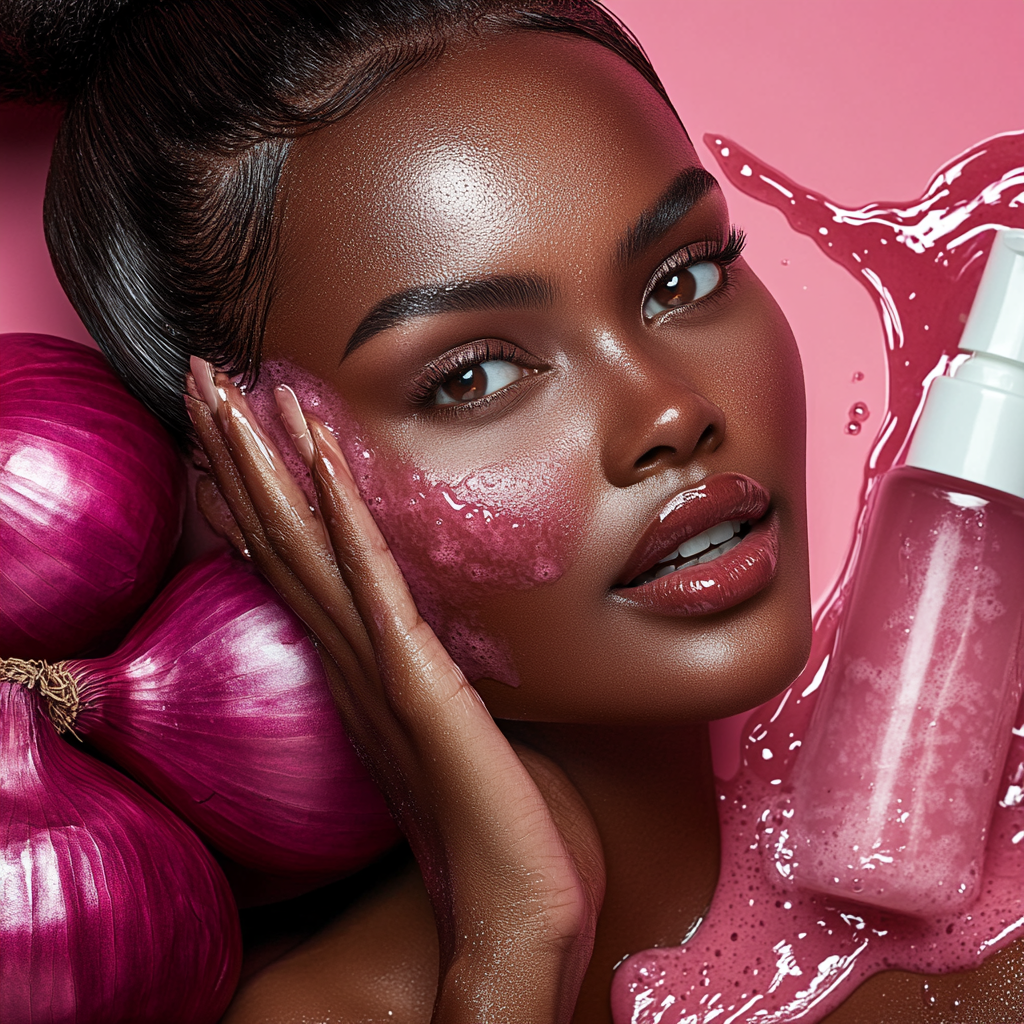 Model with beautiful eyes and hair next to shampoo