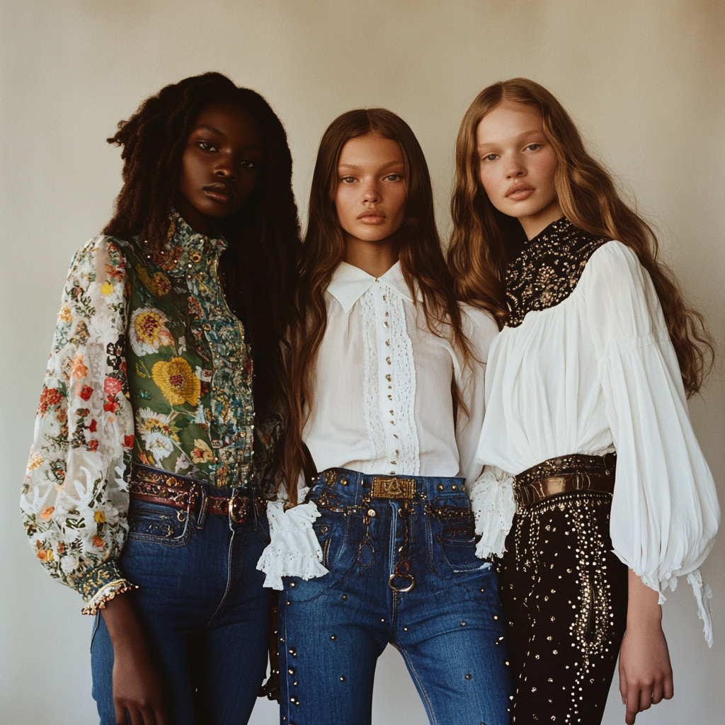 Models in indigo denim and white chiffon shirts.