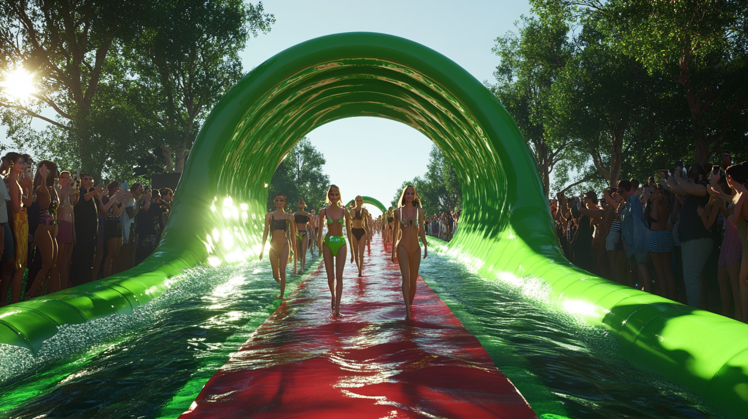 Models sliding down green slip and slide runway.