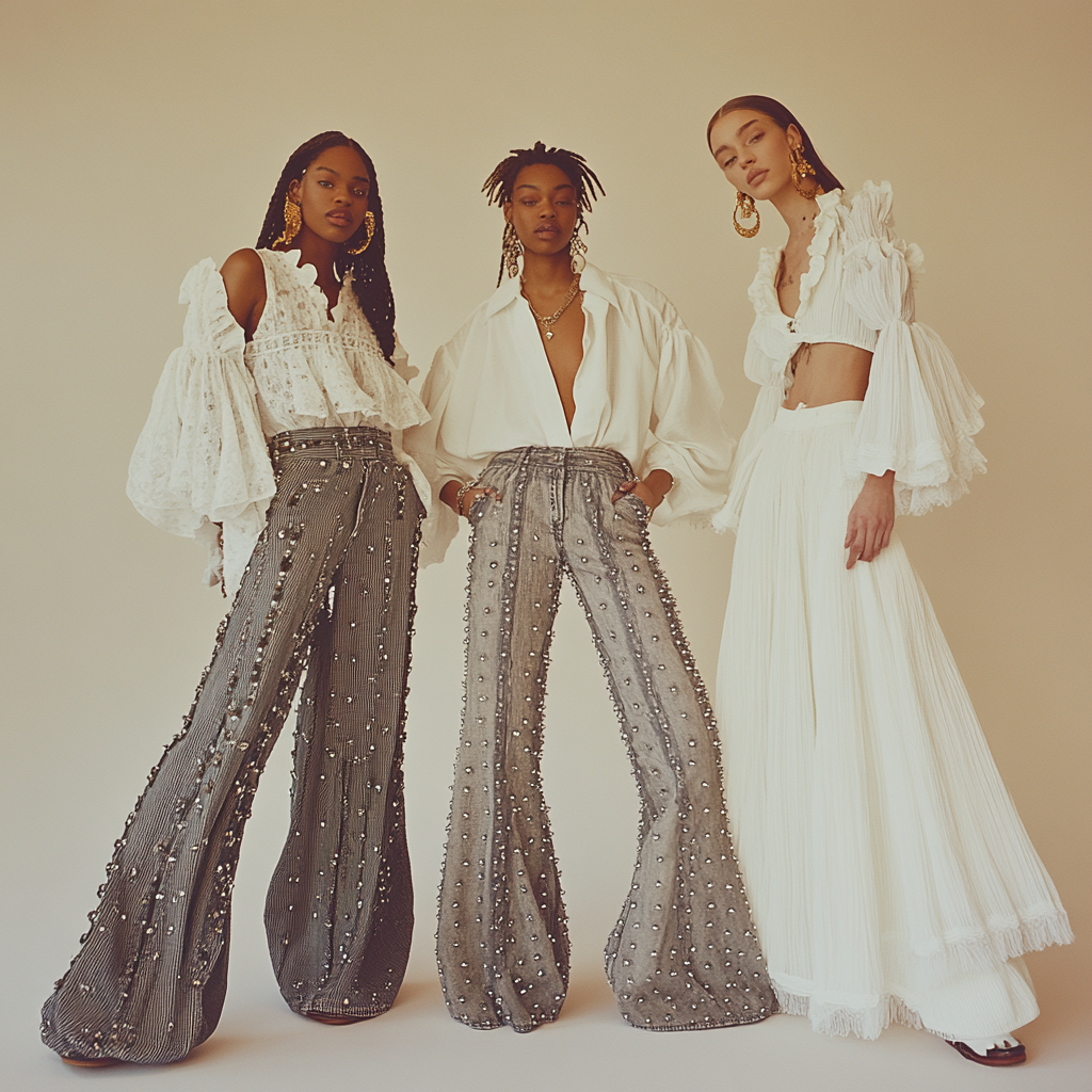 Models wearing studded denim and white chiffon shirts.