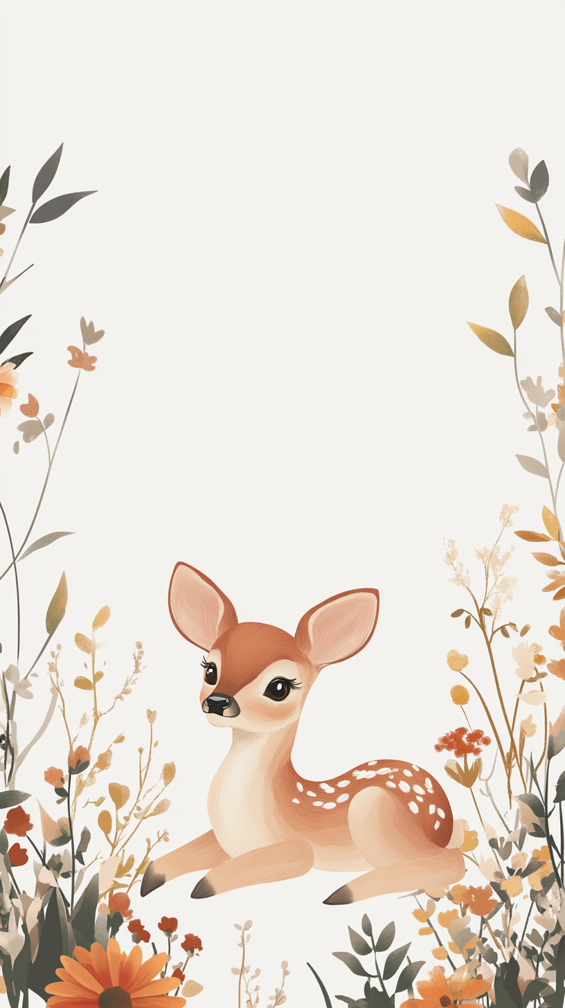 Modern, elegant cover with wildflowers, playful baby deer.