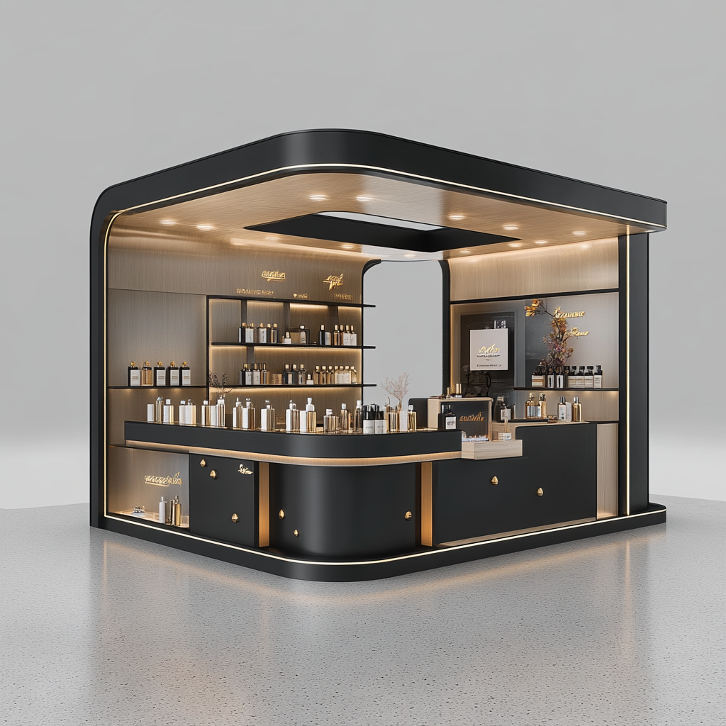 Modern, elegant kiosk for perfume brand in mall.