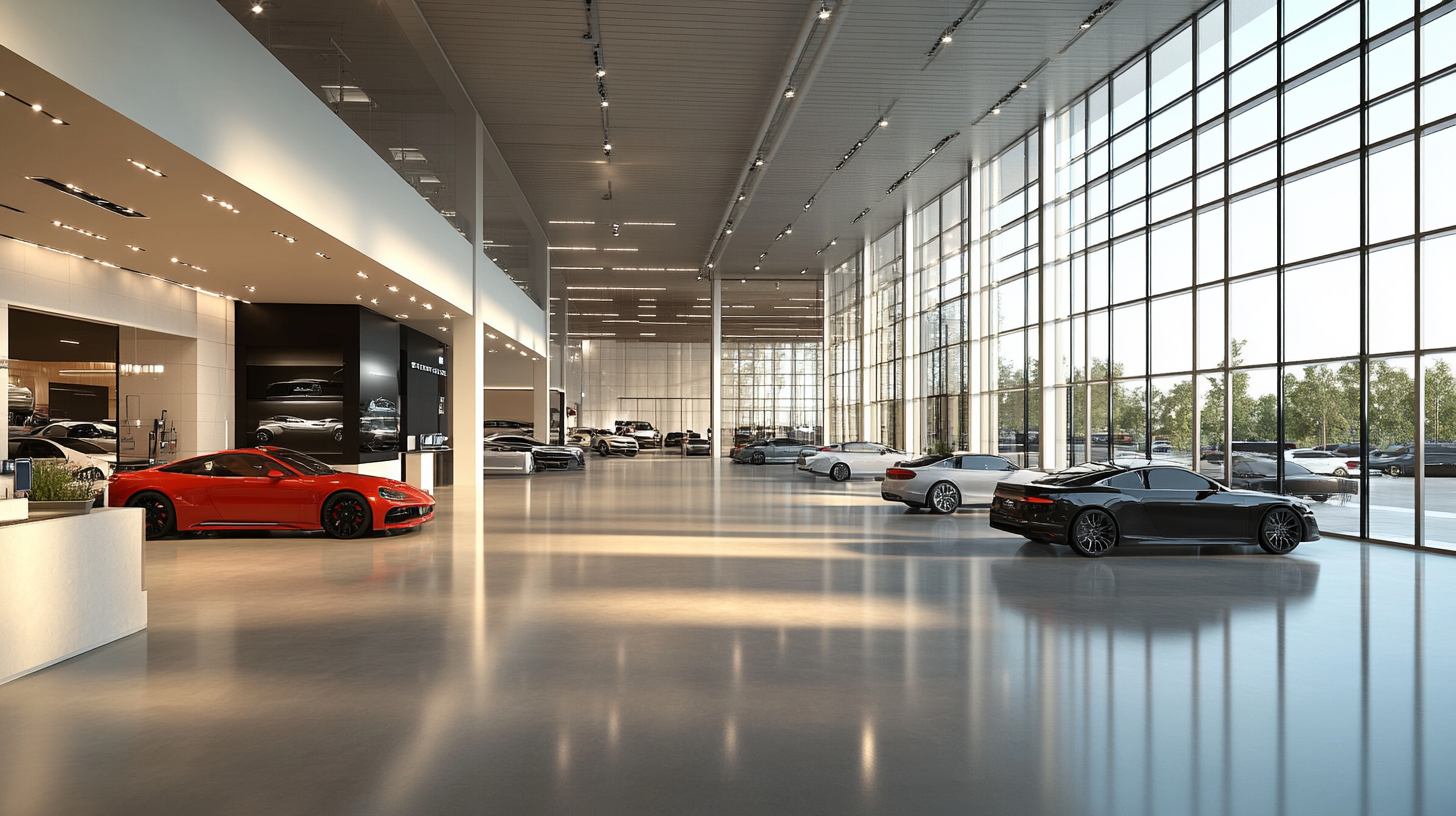 Modern, functional car dealership interior with clean lines, open areas.