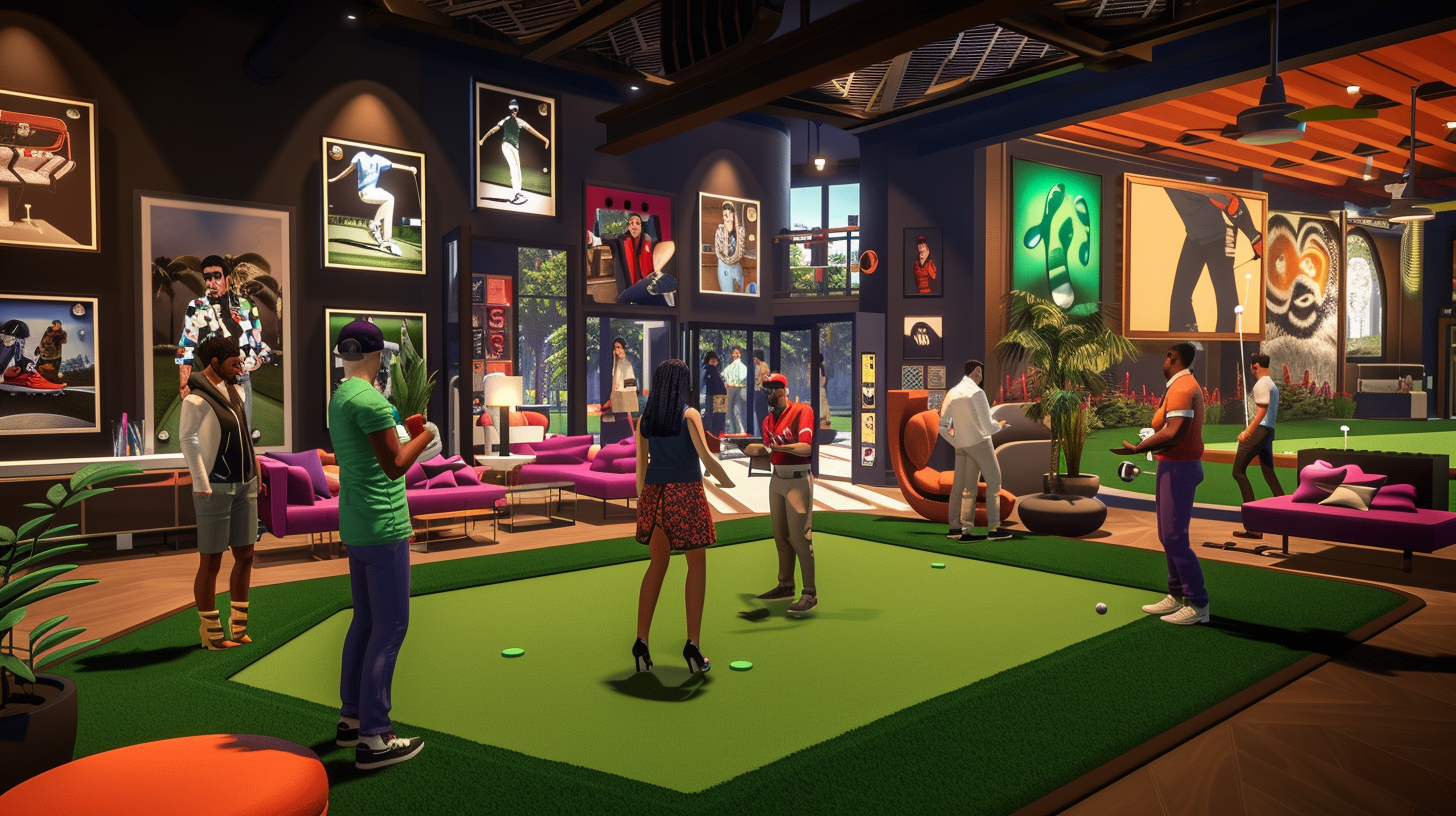 Modern 3D video game club house with golf theme