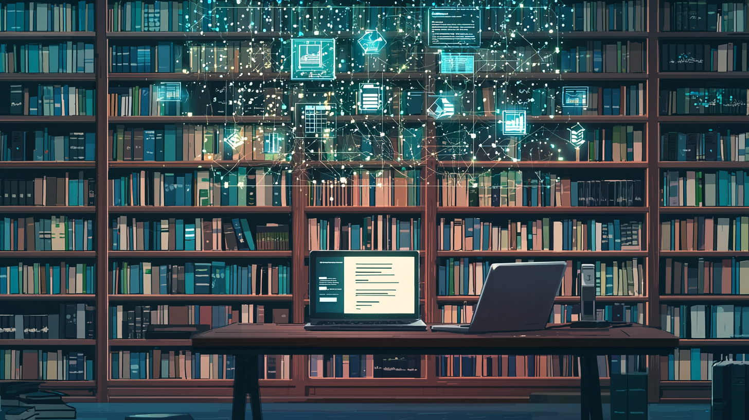 Modern Academic Workspace: Books, Data Analysis, AI Fusion