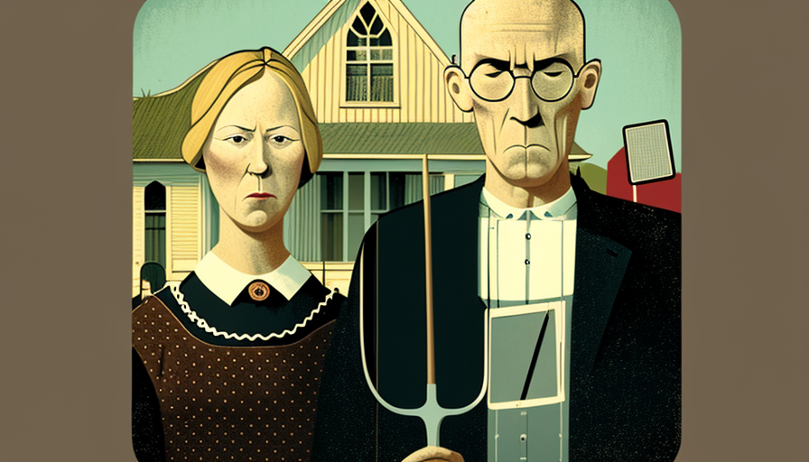 Modern American Gothic: Figures with digital tablet