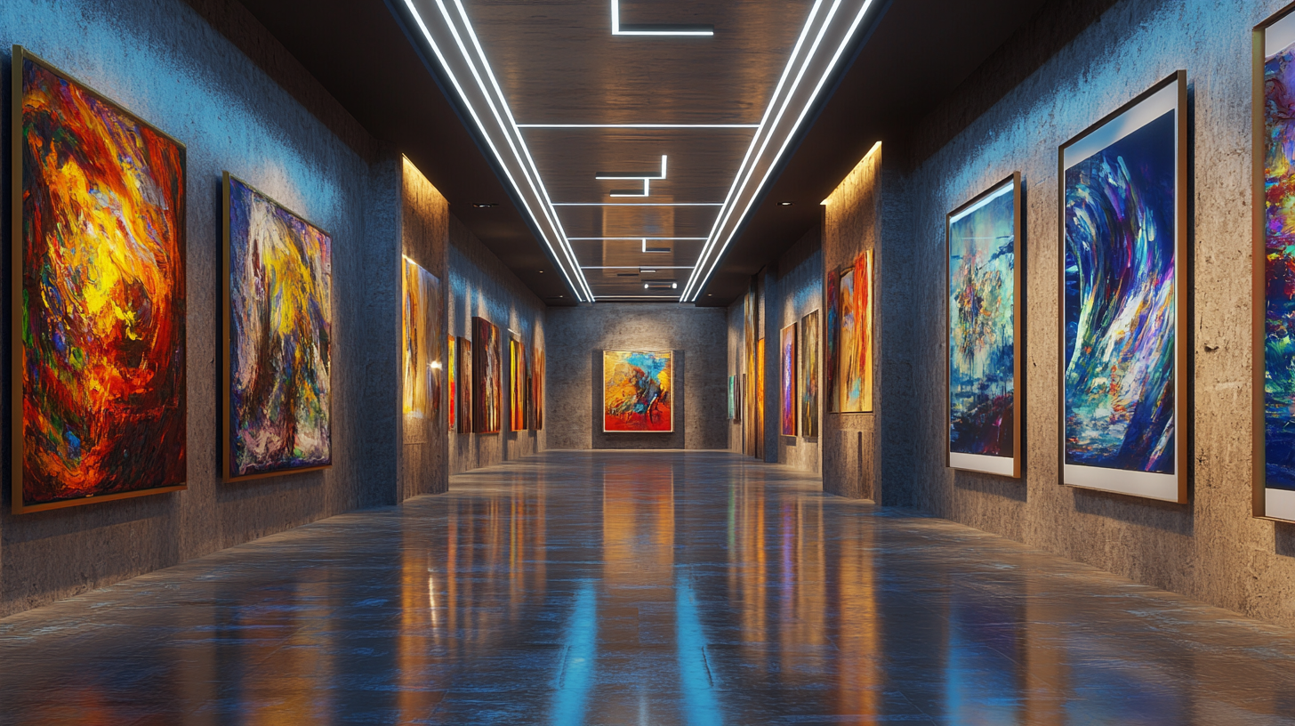 Modern Art Gallery with 45 Degree Perspective, Lights, Paintings, Divisions