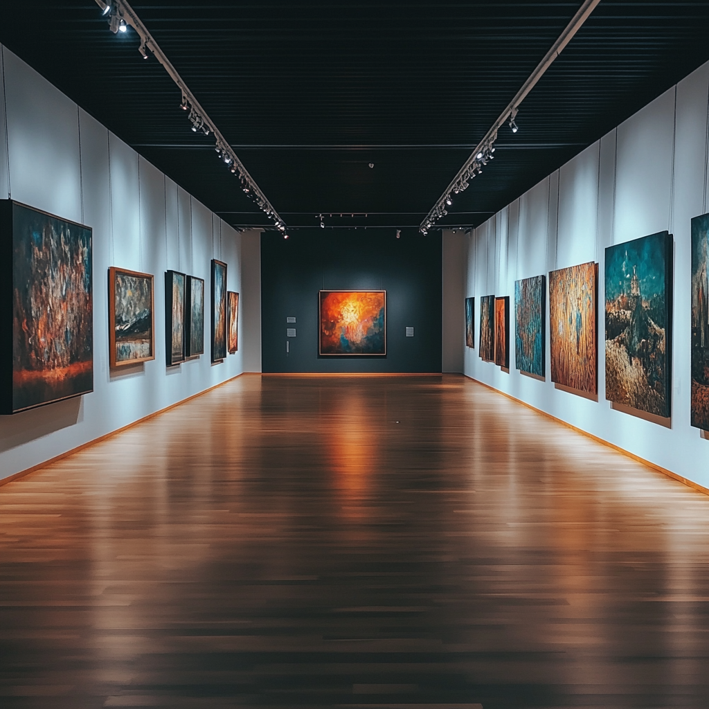 Modern Art Gallery with Divided Paintings, Cinematic 16:9视角